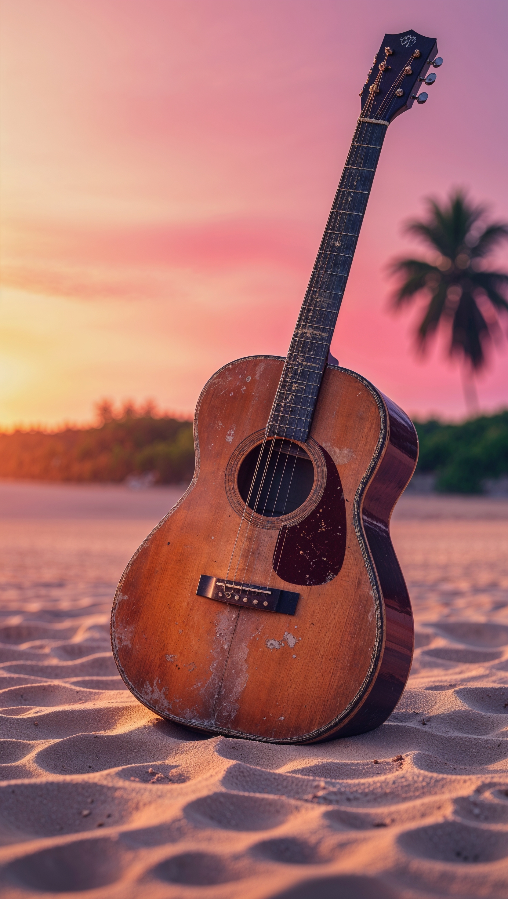 Guitar on a sandy beach at sunset, mobile background