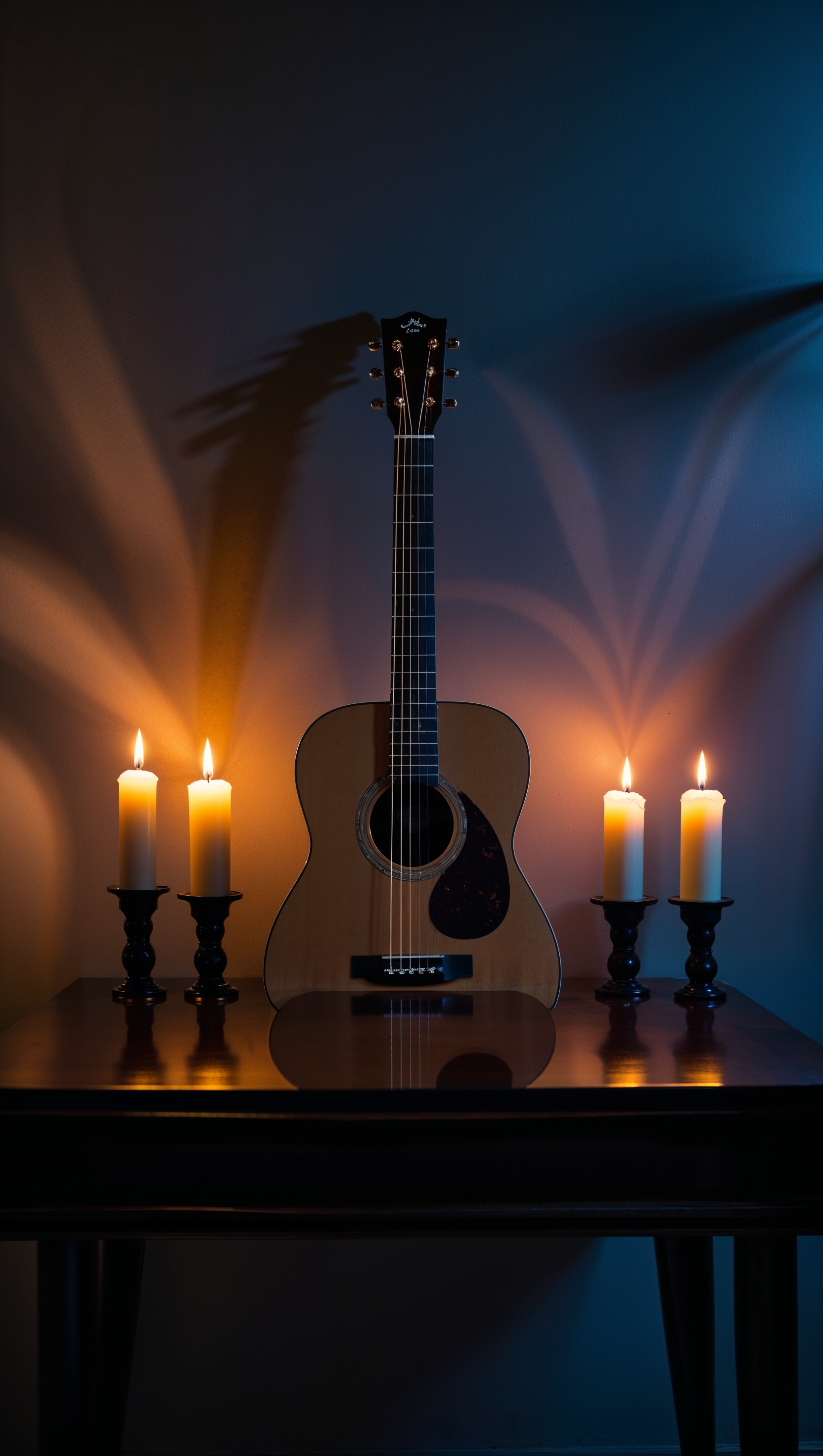 Guitar beside lit candles at night, iPhone wallpaper