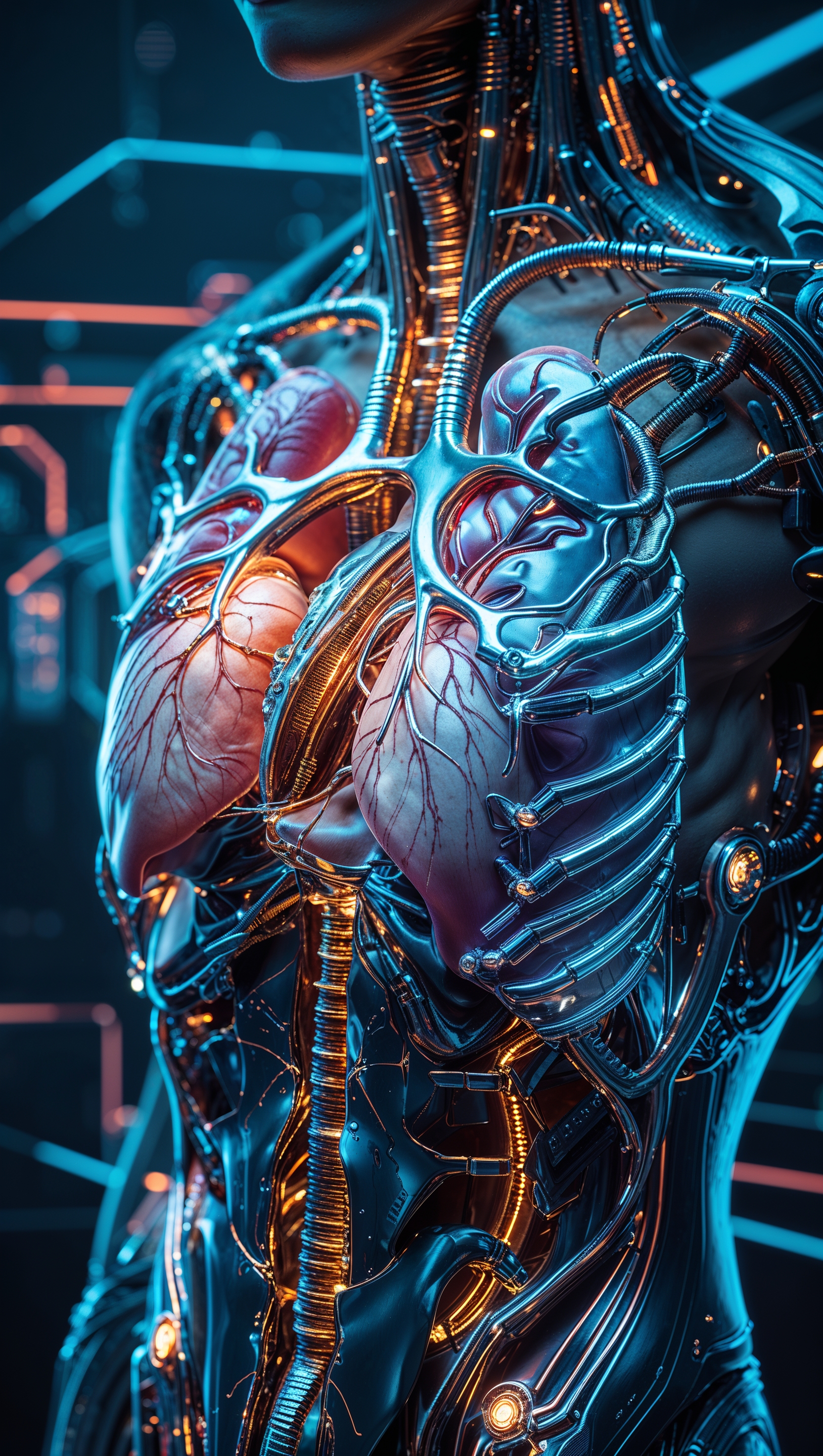 Futuristic iPhone wallpaper showing guts with cybernetic implants, sci-fi style