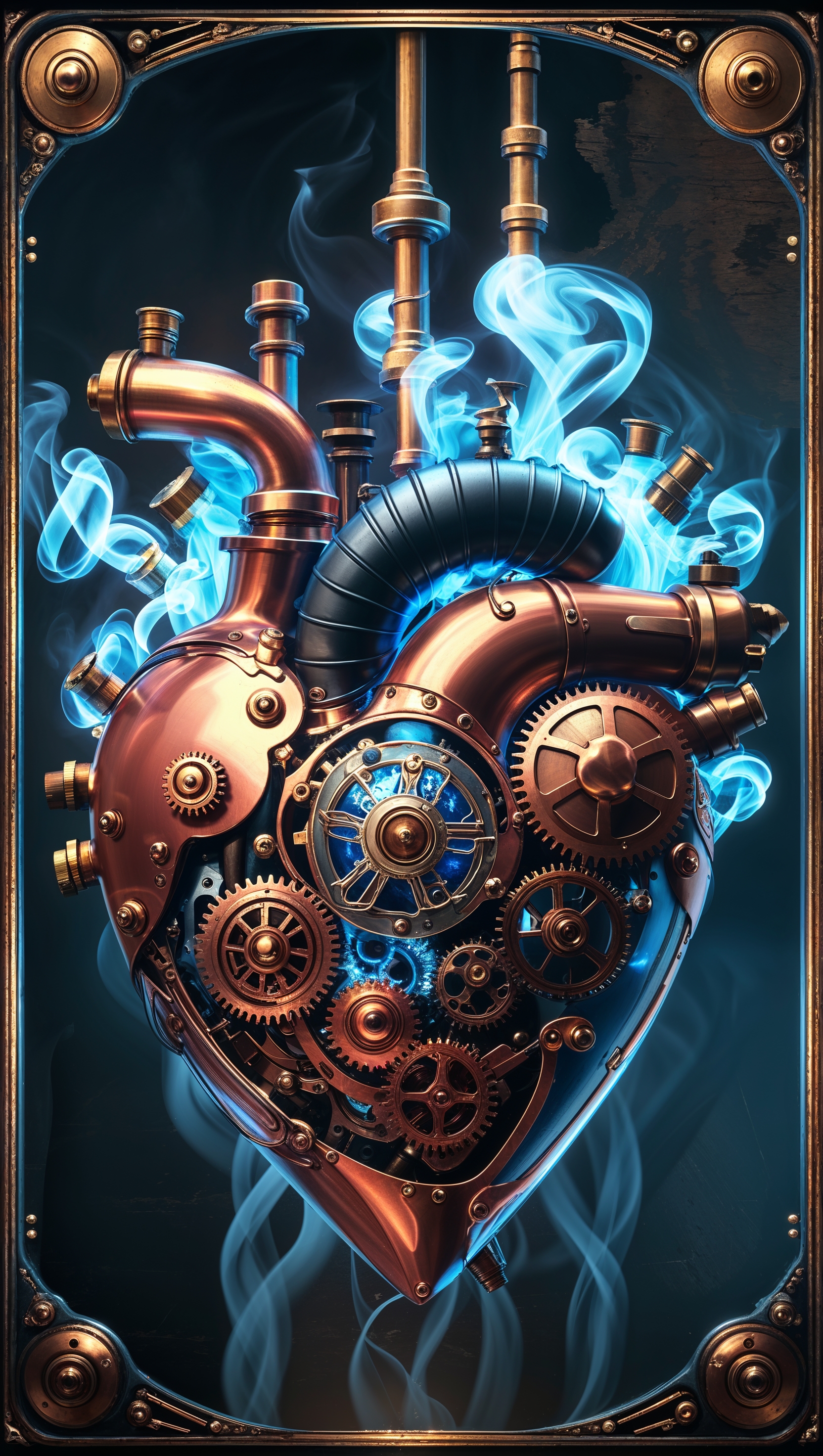 Steampunk heart shaped guts with glowing steam, iPhone wallpaper