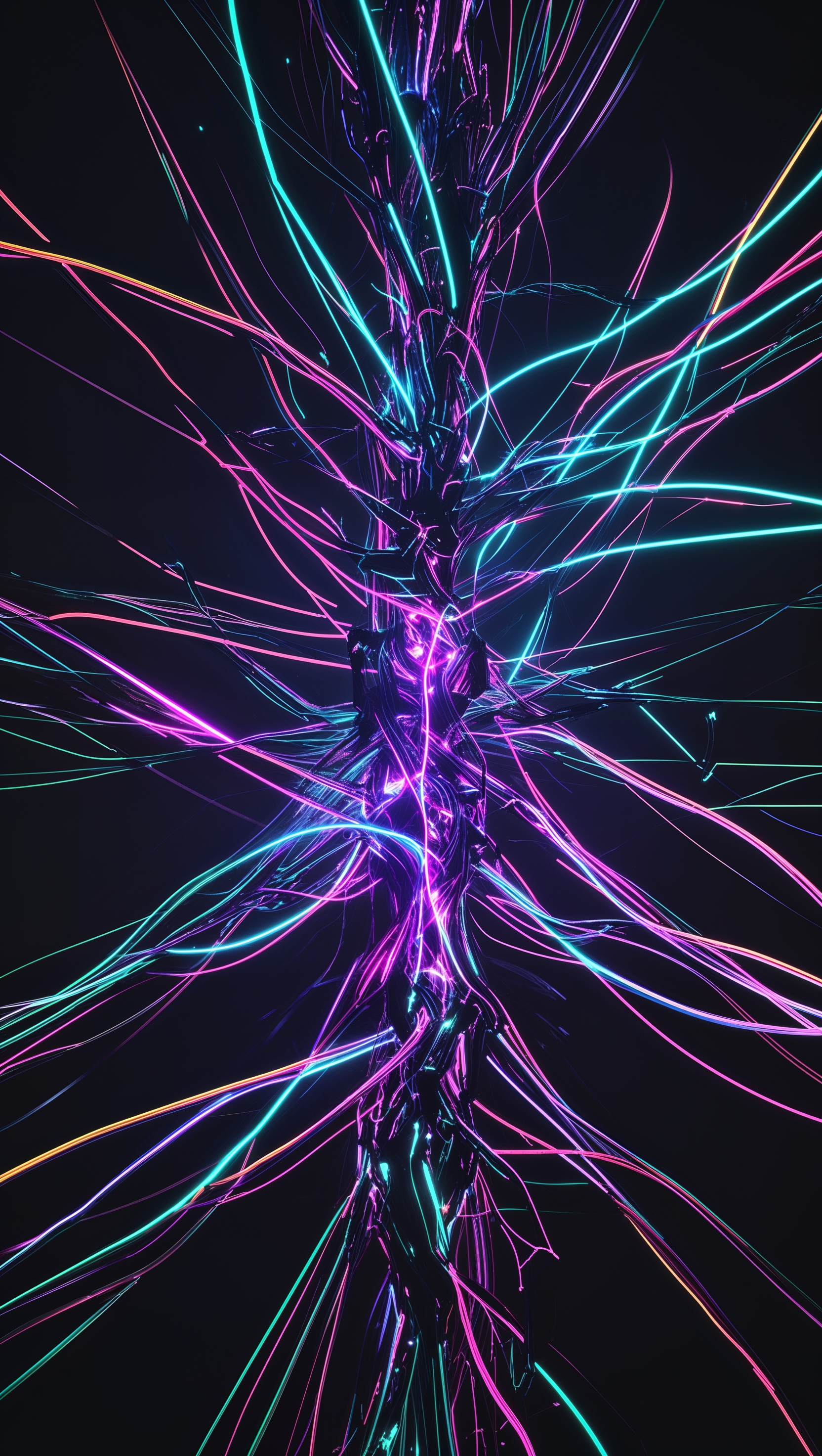 Black background with neon glowing guts lines, futuristic iPhone wallpaper