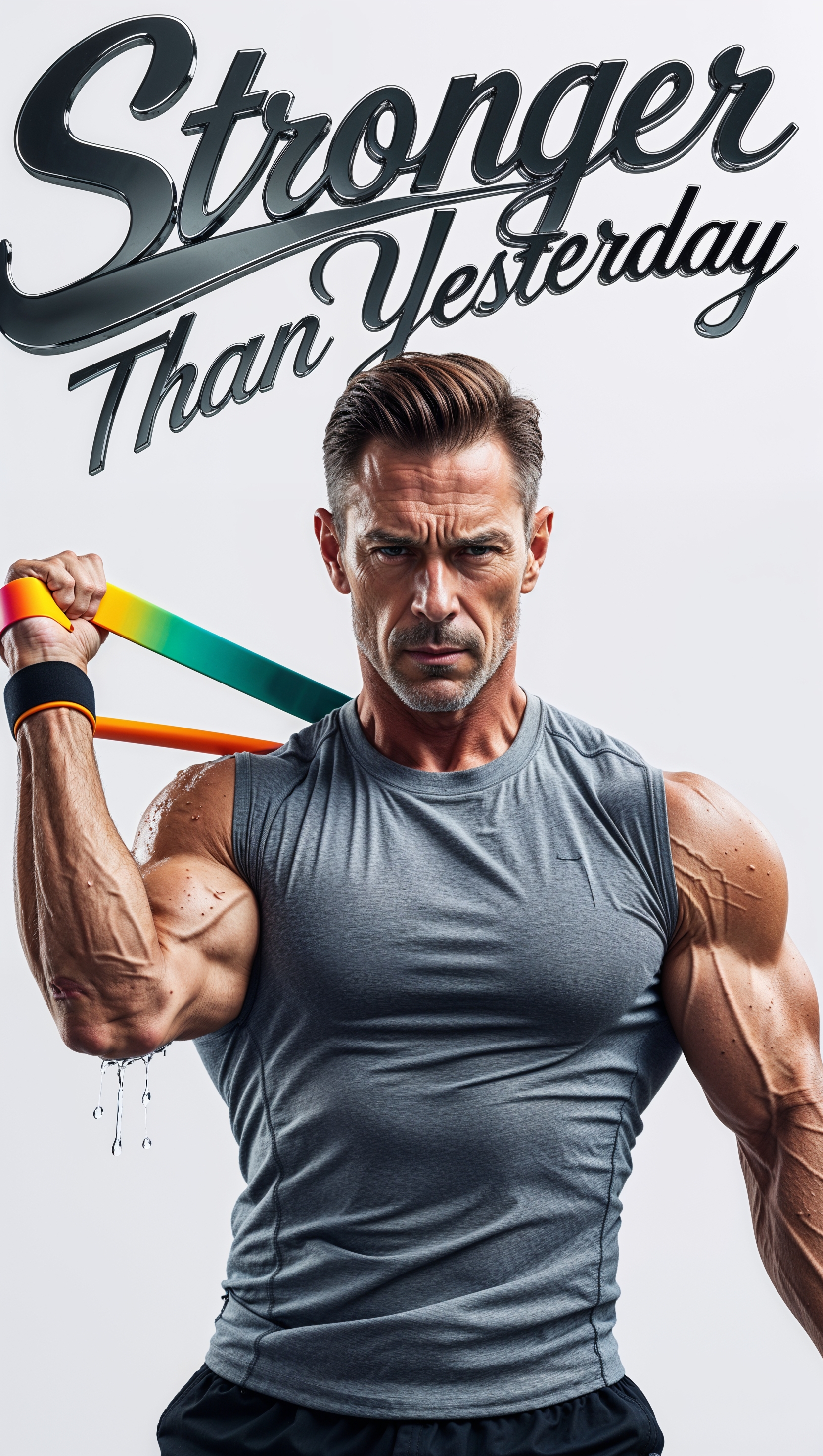 A man doing resistance band exercises with a motivational slogan