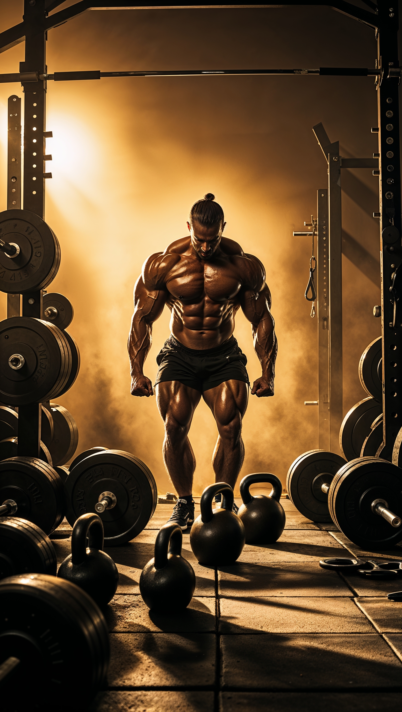 A heavy lifting session with free weights and intense lighting