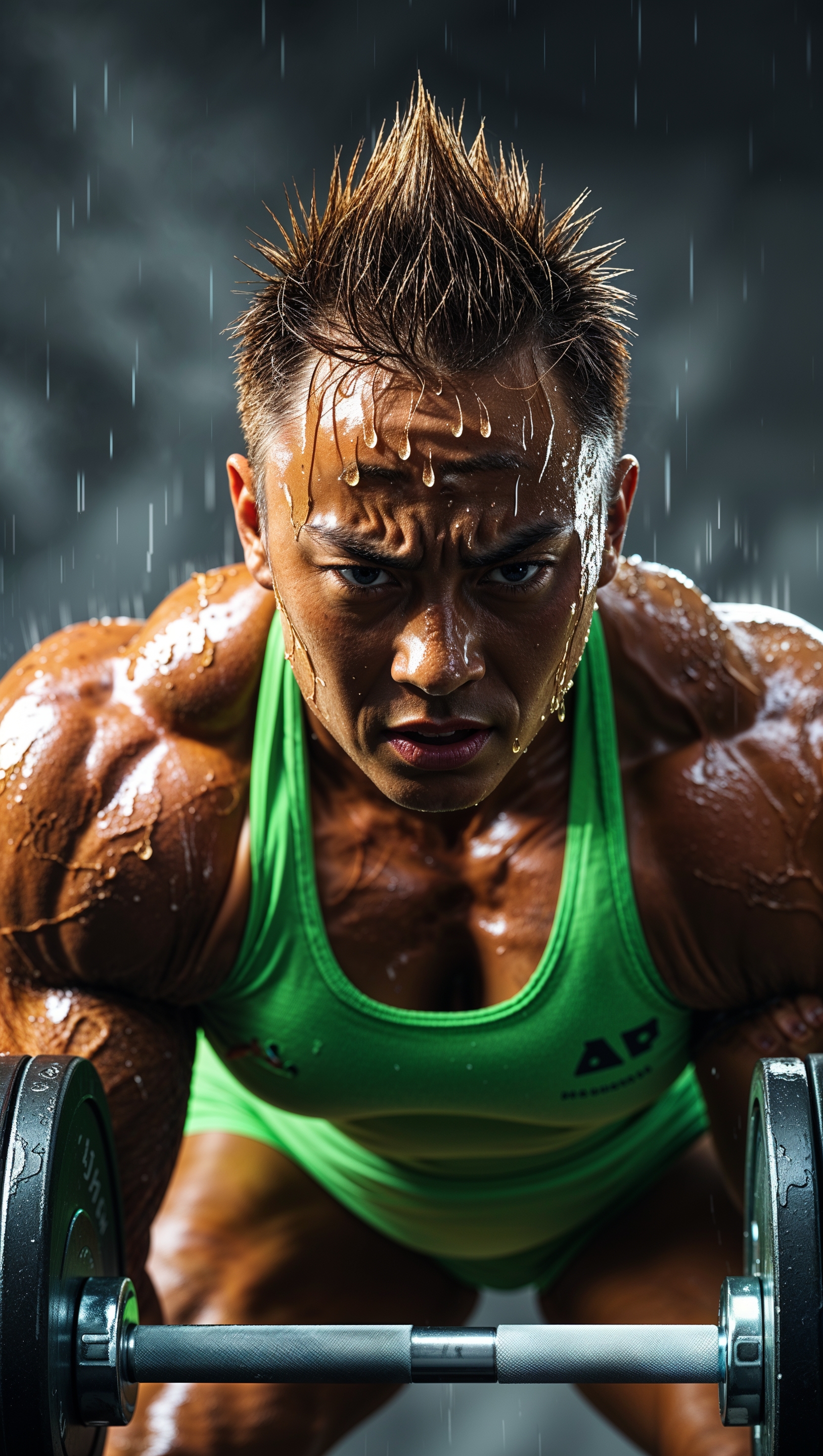 An image of a weightlifter lifting heavy weights with sweat on their forehead