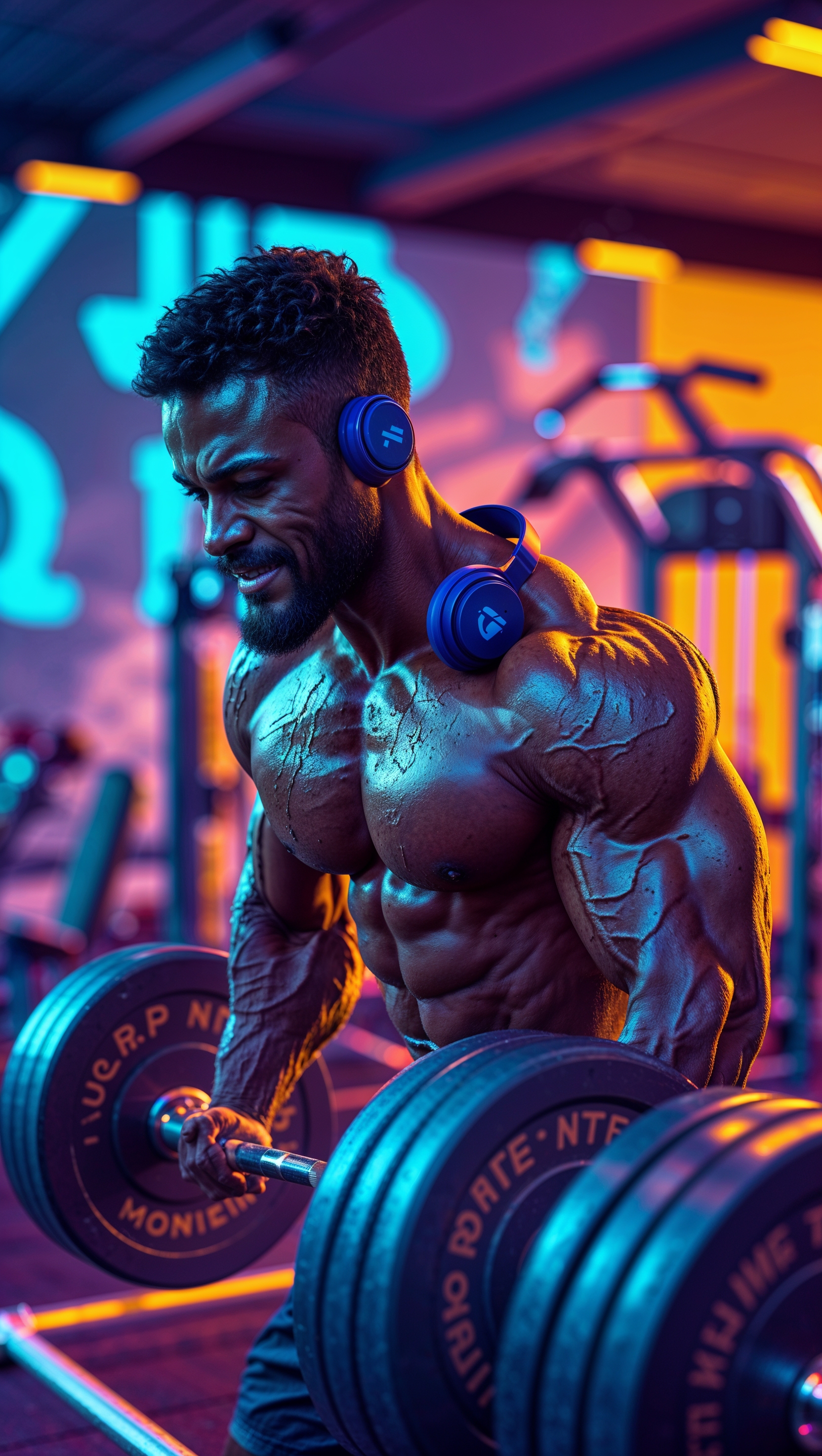 A high-energy, motivational gym image combining strength training and motivational music