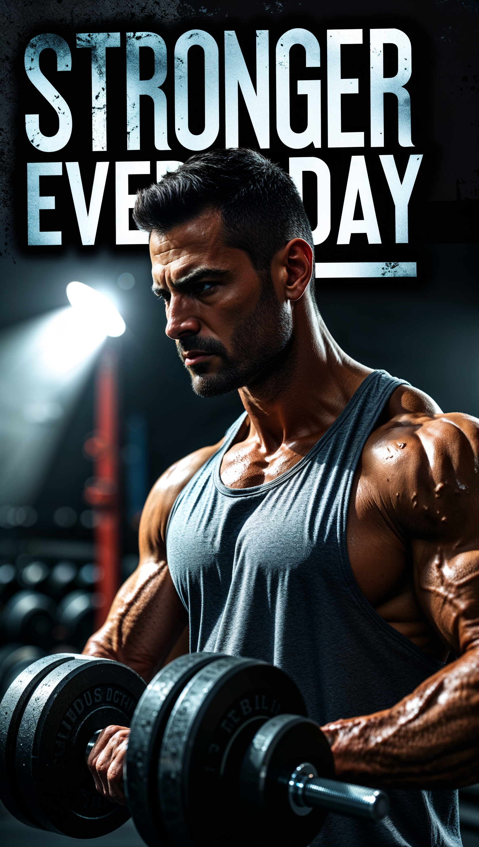 A background with the motivational quote "Stronger Every Day" and an image of a man training
