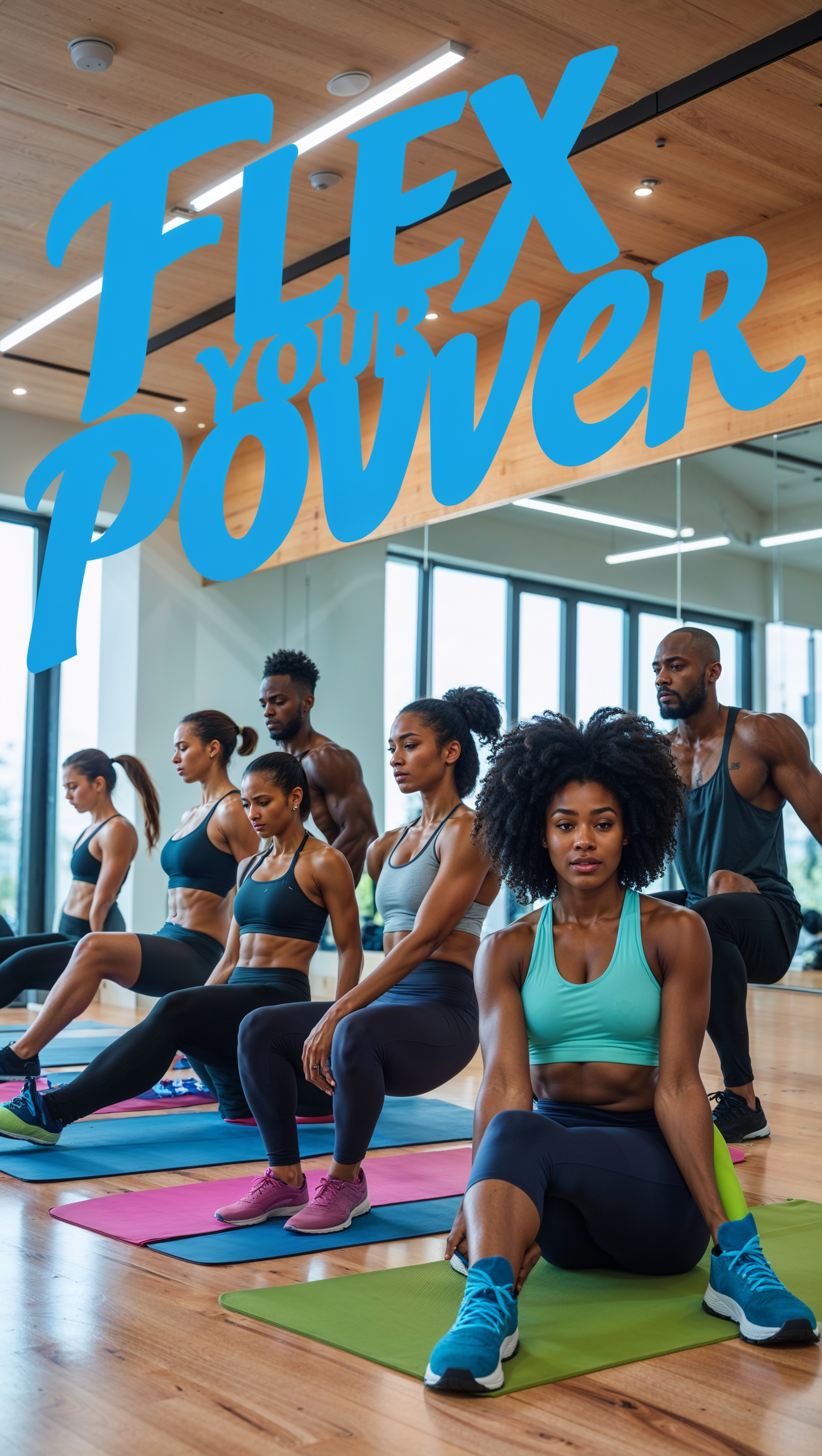 Athletes performing stretching exercises with the phrase "Flex Your Power