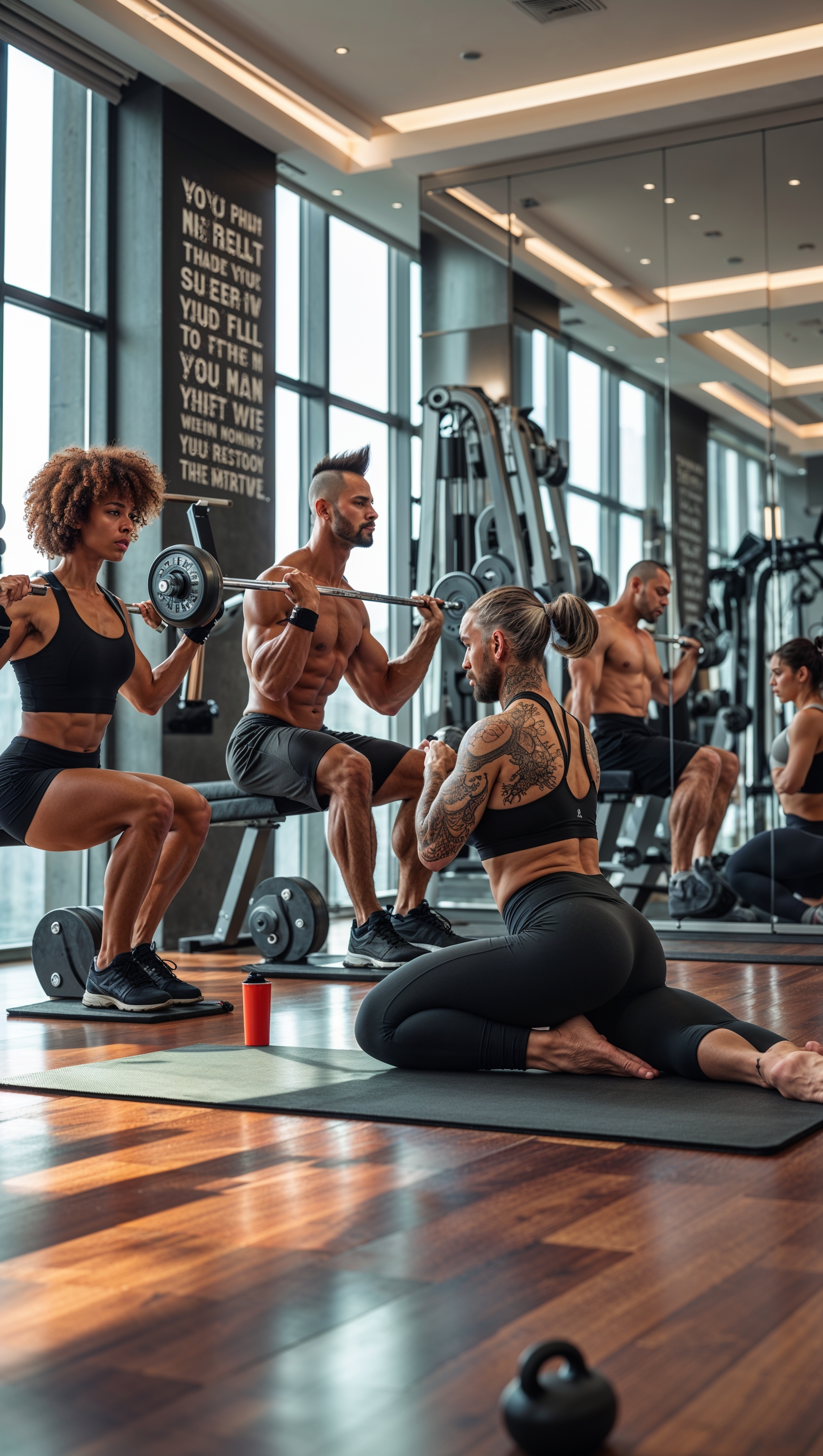 A gym with a modern decor and people performing different exercises