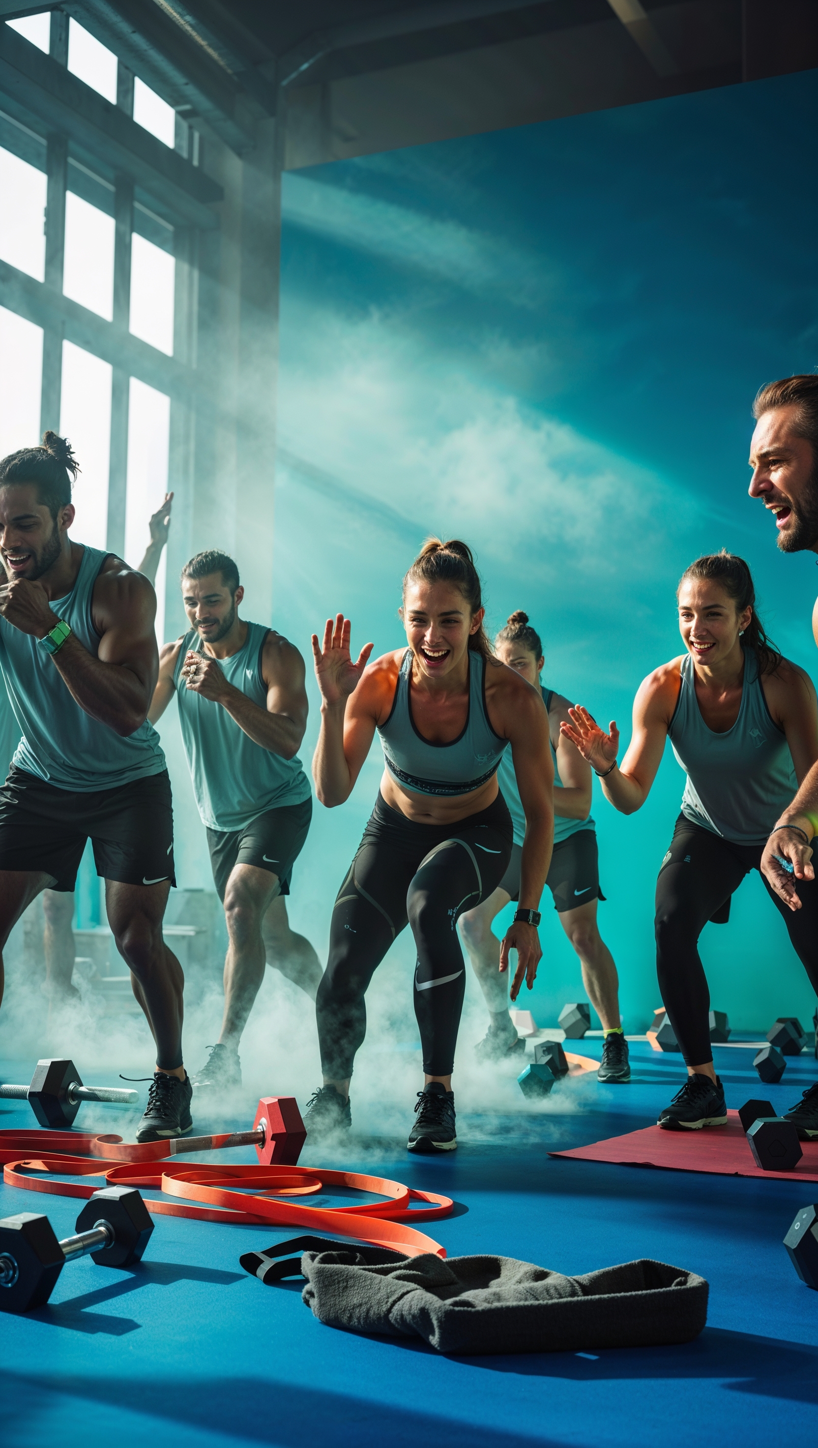 An image of a sports team doing a workout with an energetic atmosphere