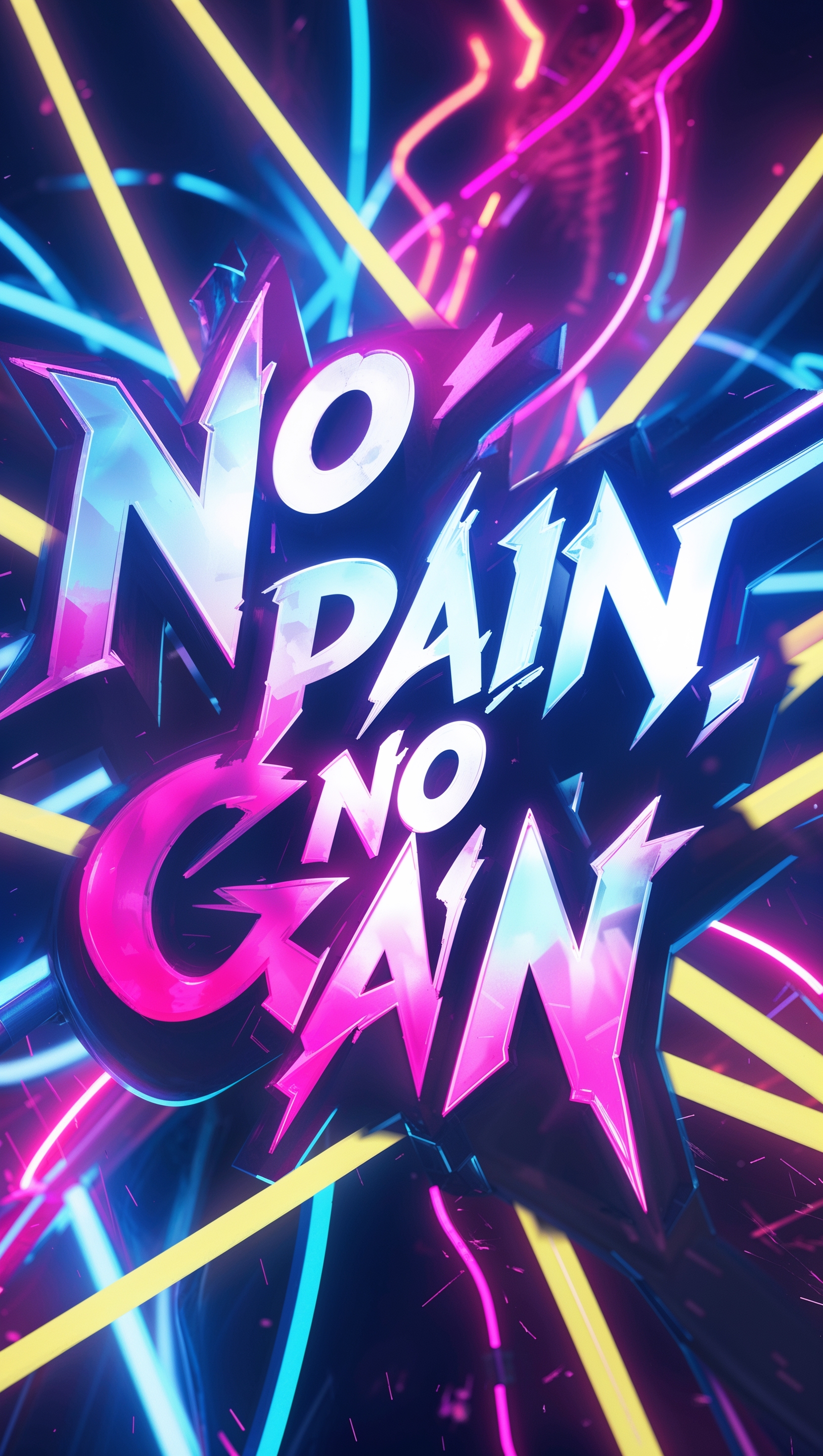 A background with energetic lights and the phrase "No Pain, No Gain