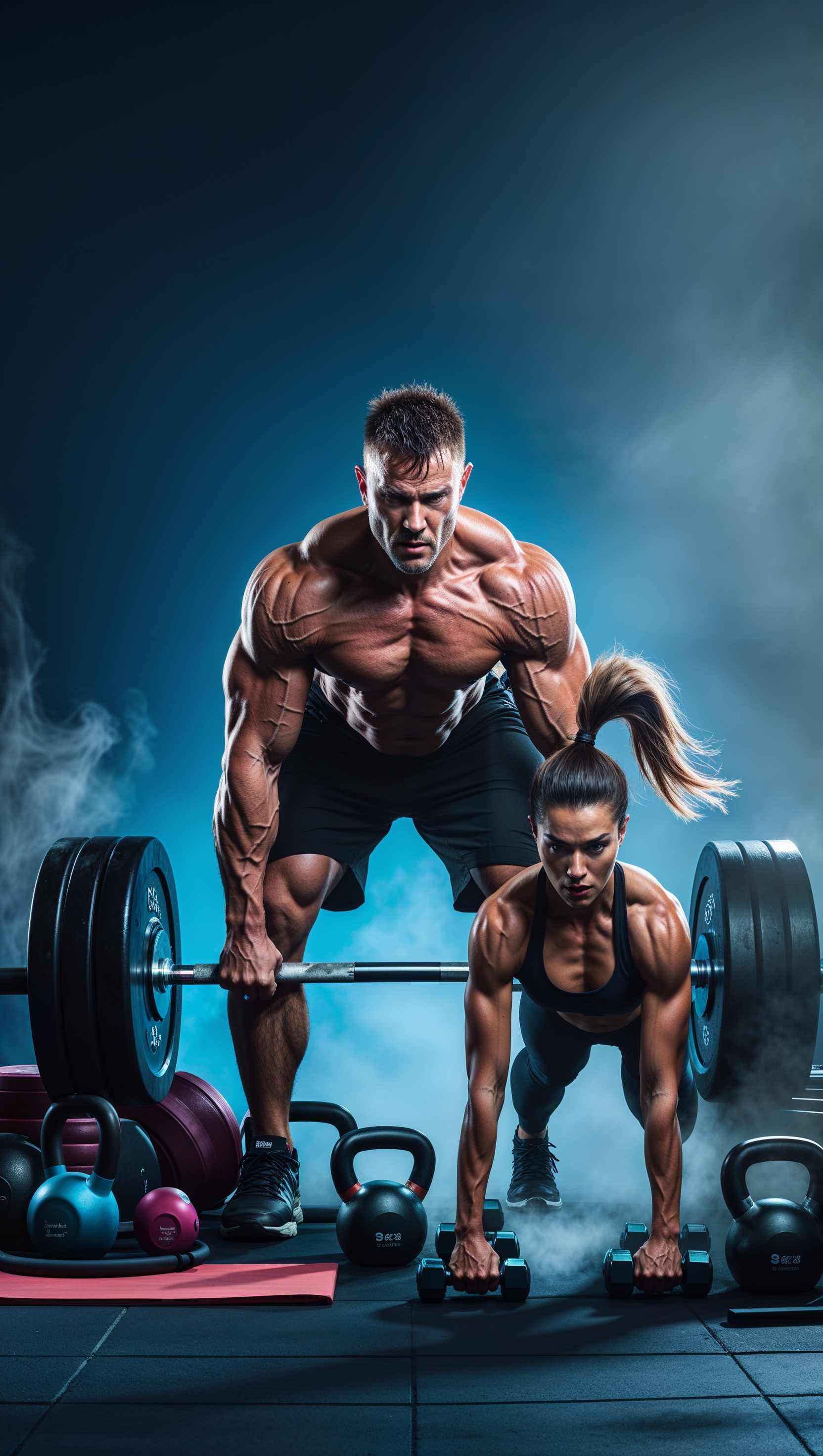 An image of male and female athletes performing heavy workouts with fitness accessories