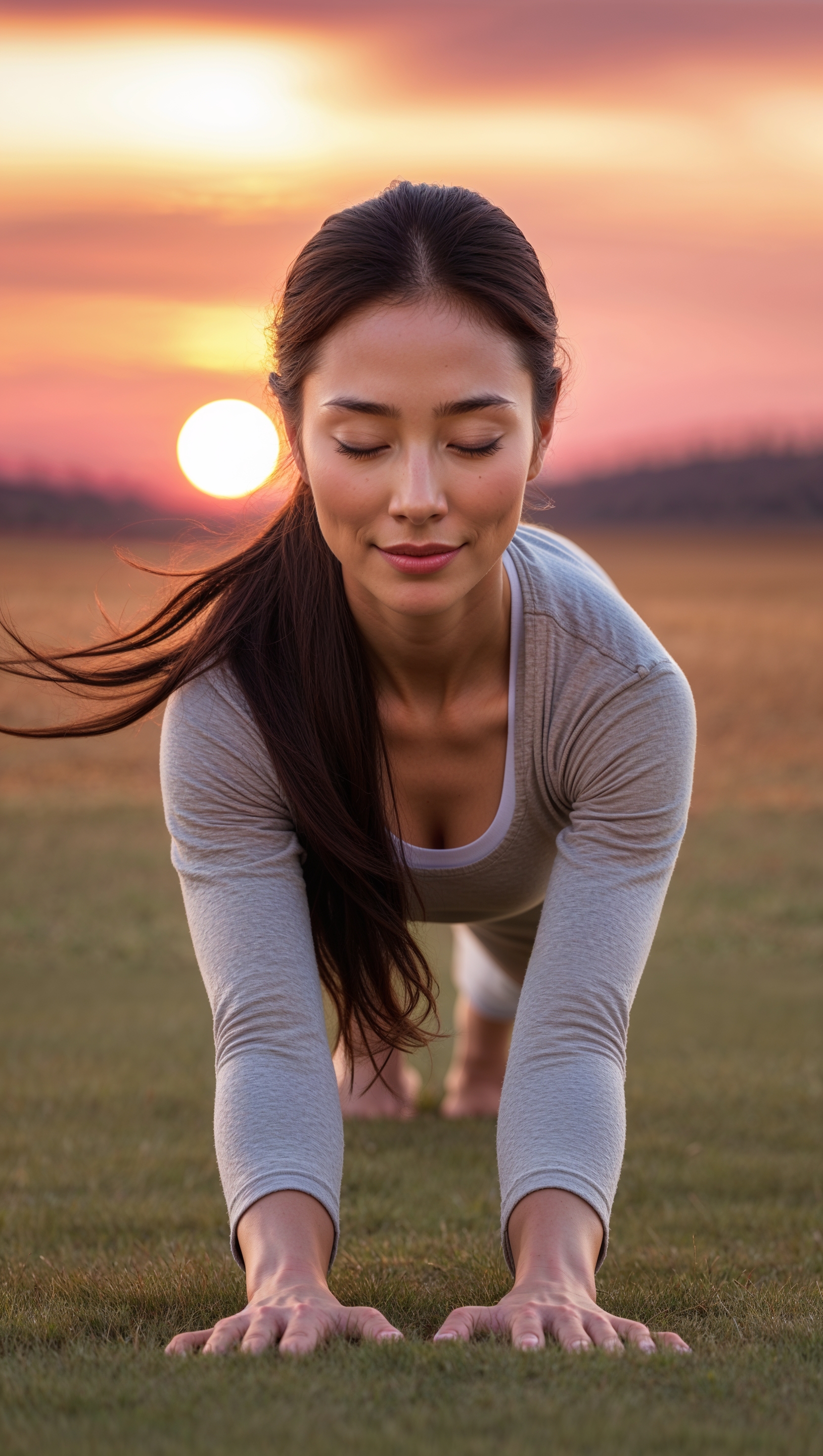 A woman doing yoga with calmness, with a sunrise in the background