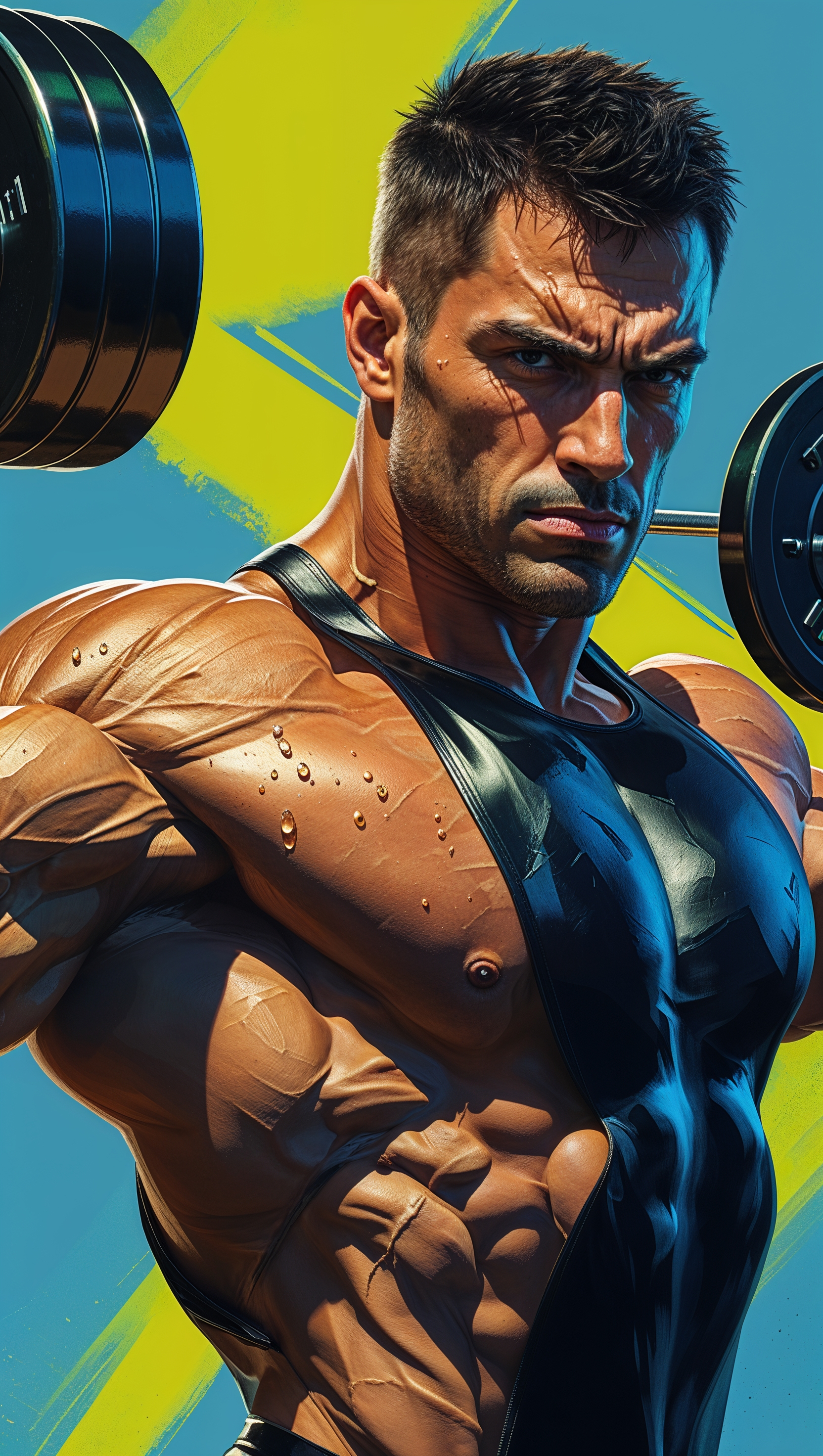 A man lifting weights with vibrant, energetic colors