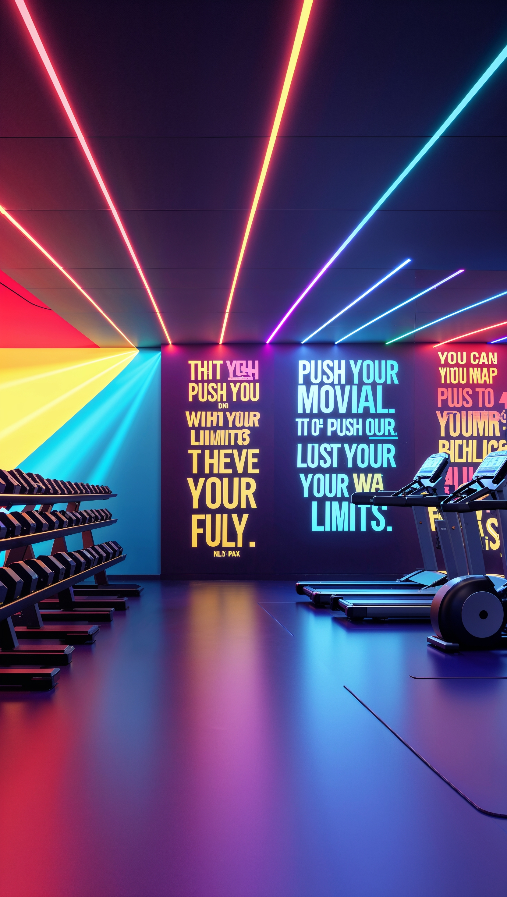 A gym background with colorful lights and motivational quotes alongside gym equipment