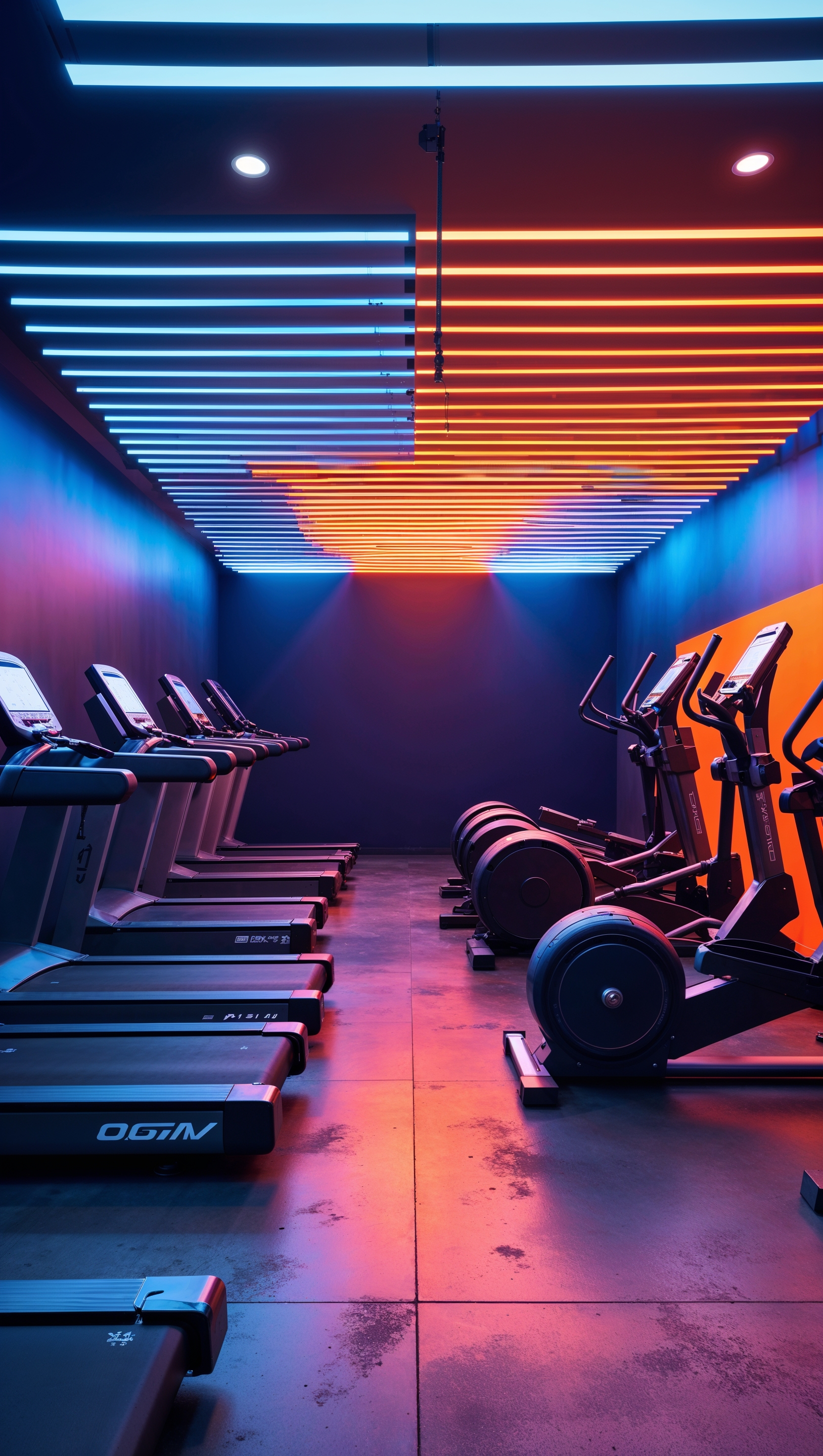 An image of a stylish gym with advanced equipment and unique lighting