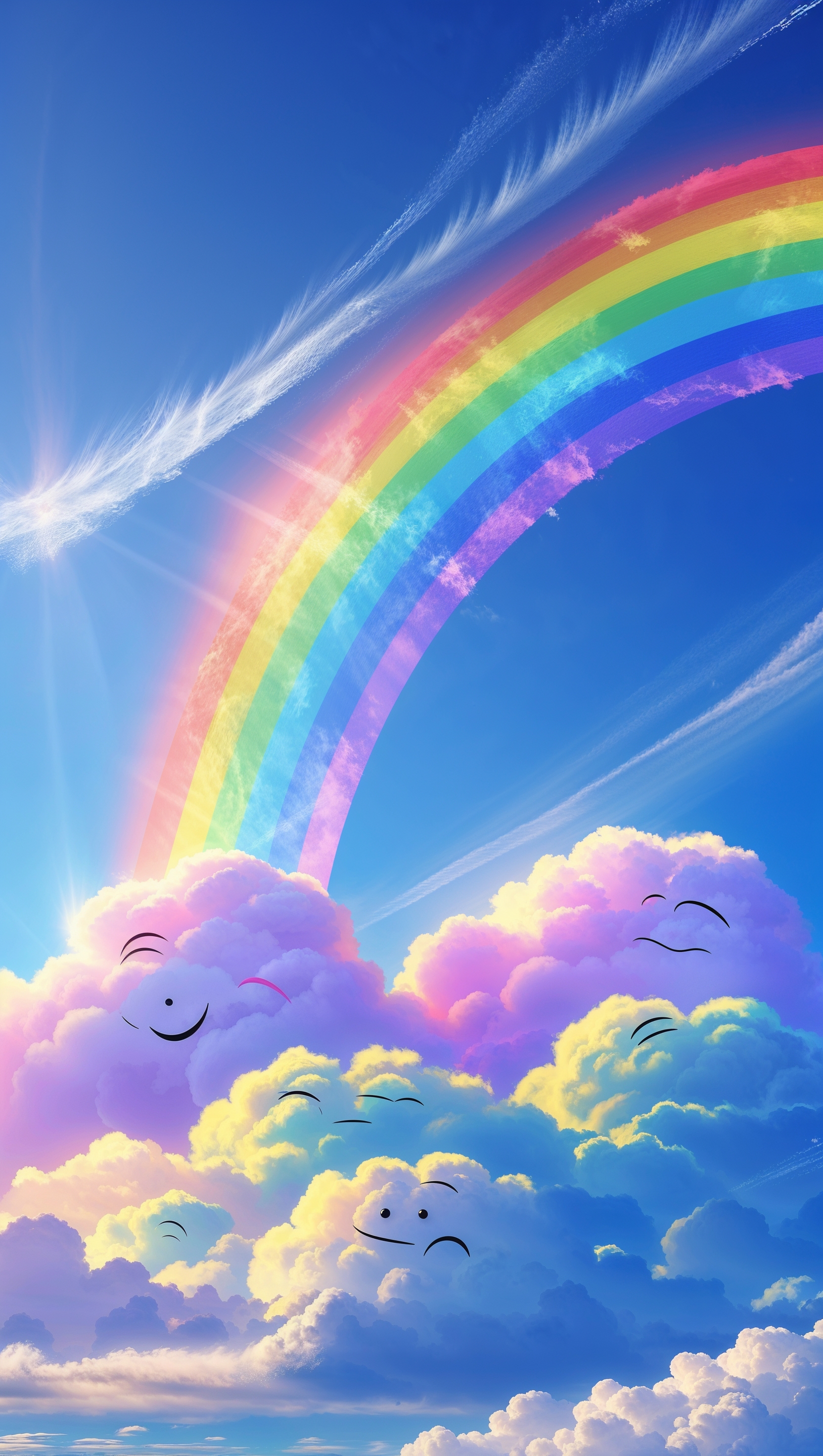 Cute smiling clouds in a blue sky with a rainbow – happiness iPhone wallpaper
