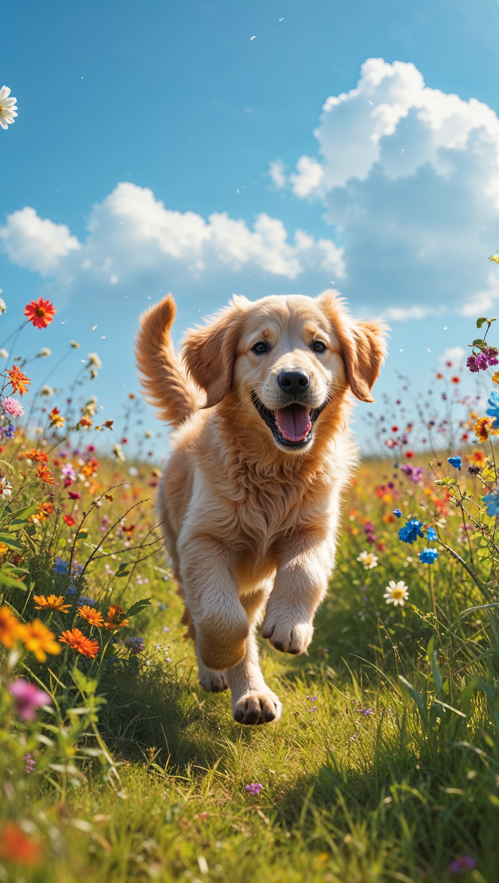 A joyful puppy running through a meadow – happiness iPhone wallpaper