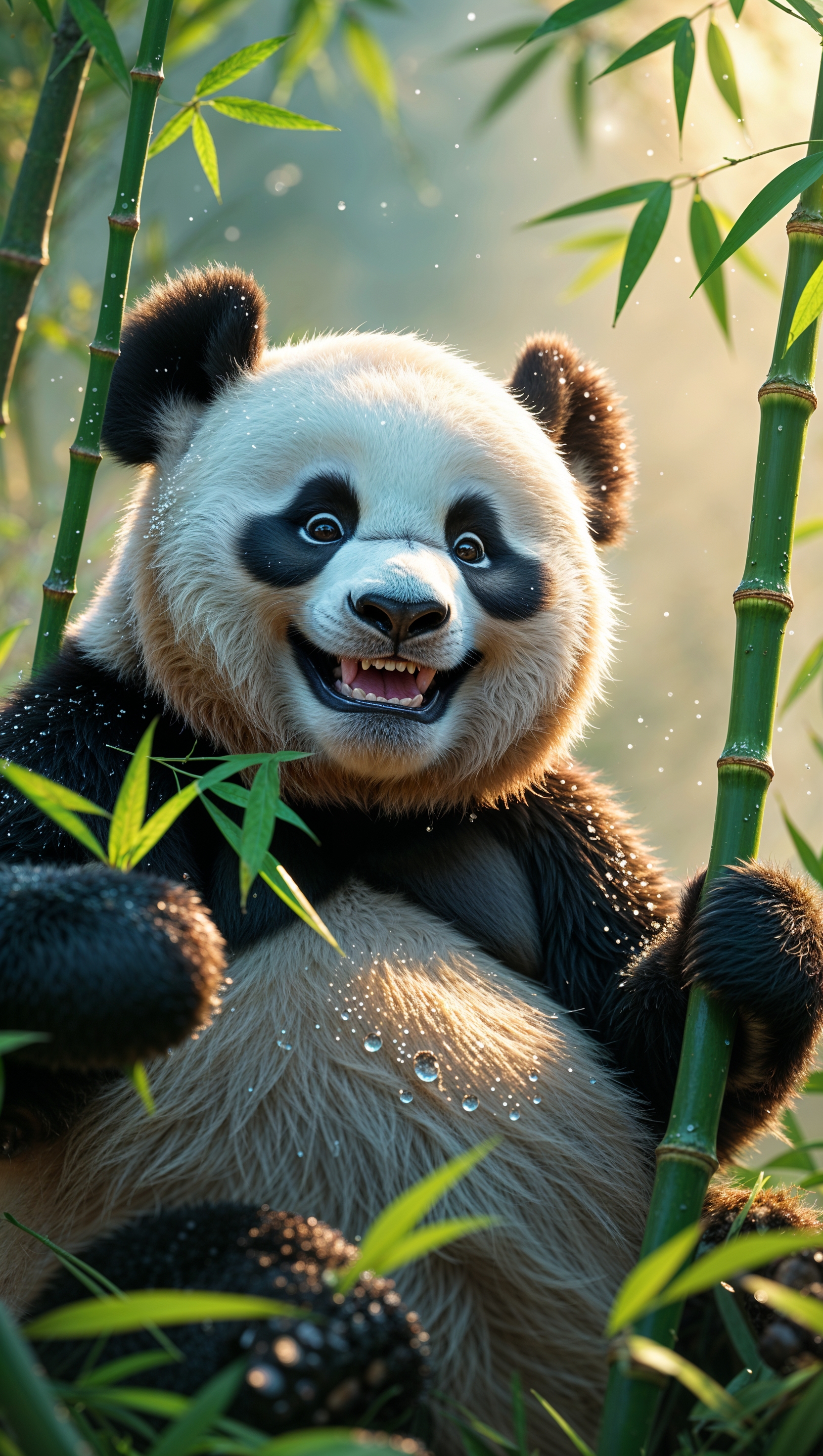 A cute panda smiling in a bamboo forest – happiness iPhone wallpaper