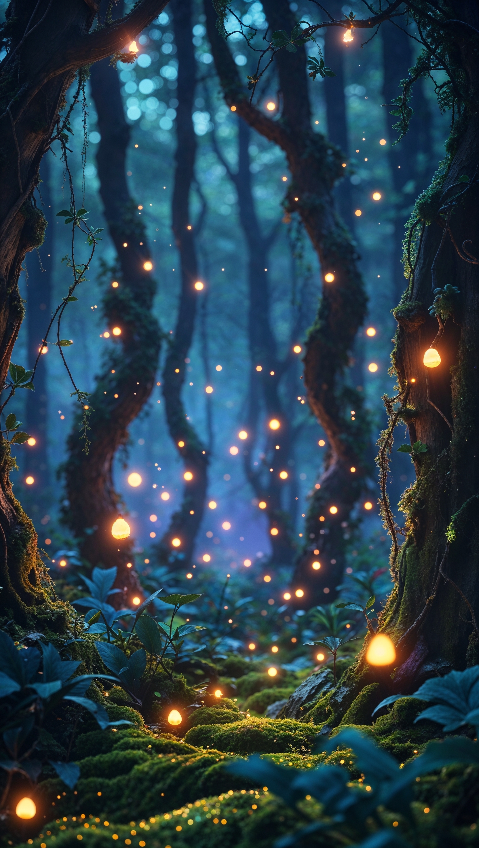 Fireflies in a magical forest at twilight – happiness iPhone wallpaper