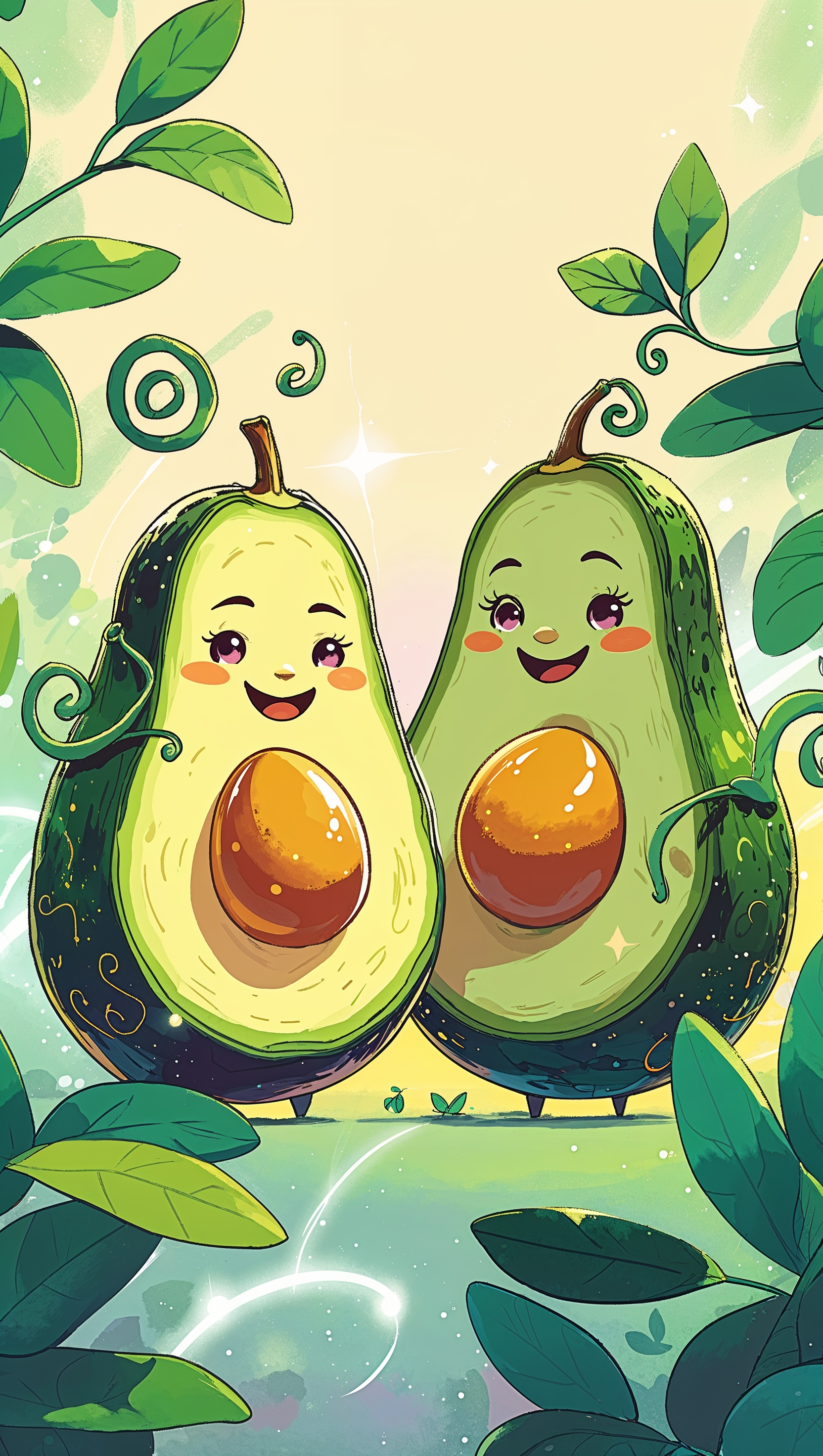 Smiling avocado couple, cartoon style – happiness iPhone wallpaper