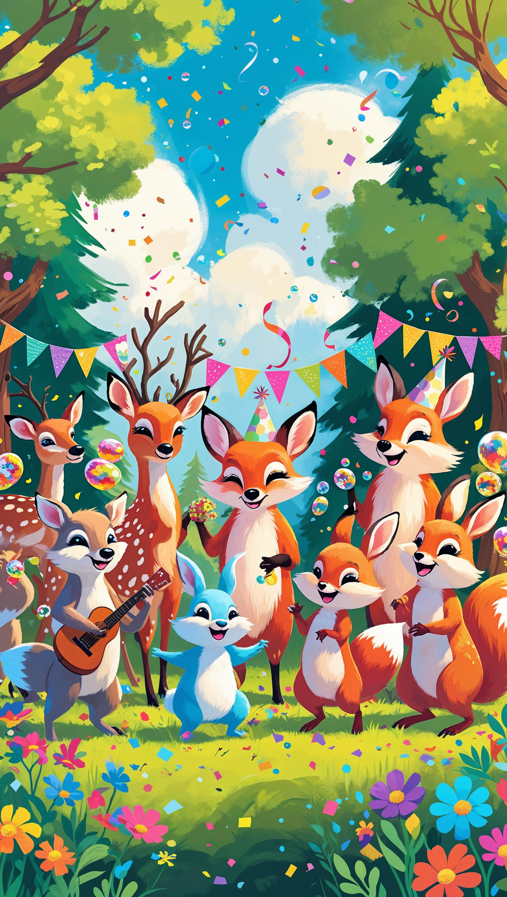 Happy forest animals celebrating – happiness iPhone wallpaper