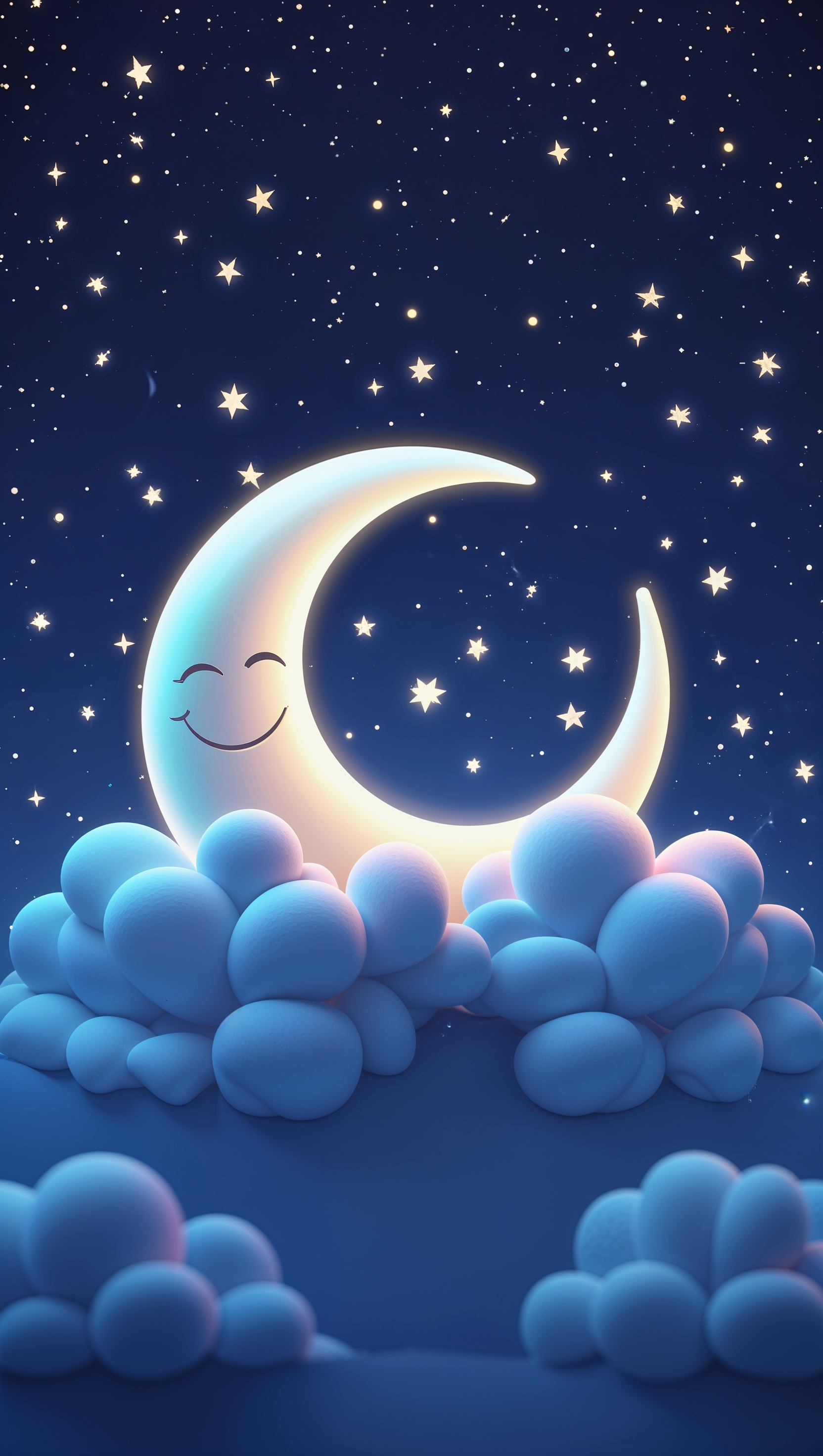 Soft clouds and stars with smiling moon – happiness iPhone wallpaper