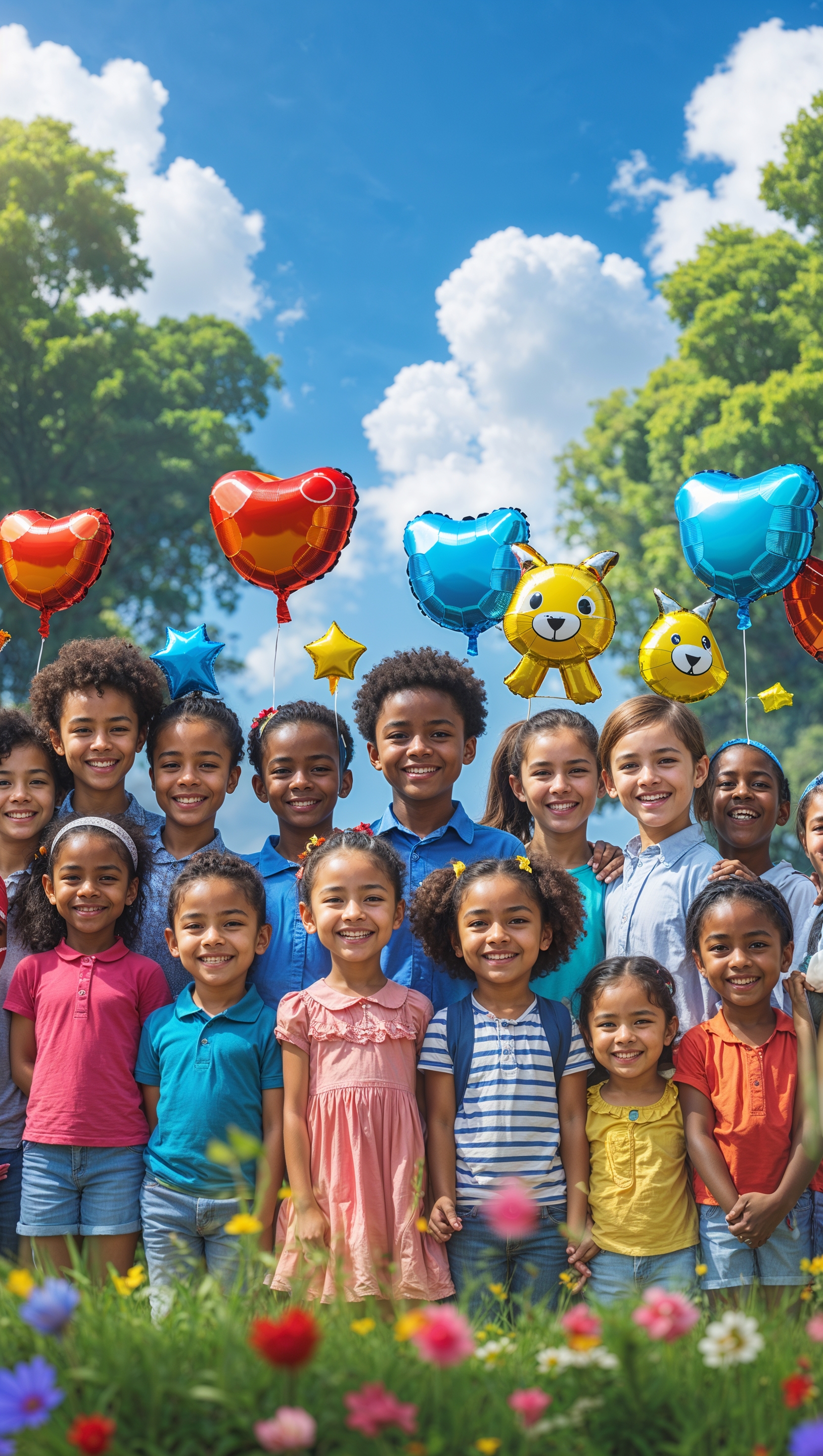 Happy kids holding balloons in a sunny park – happiness iPhone wallpaper