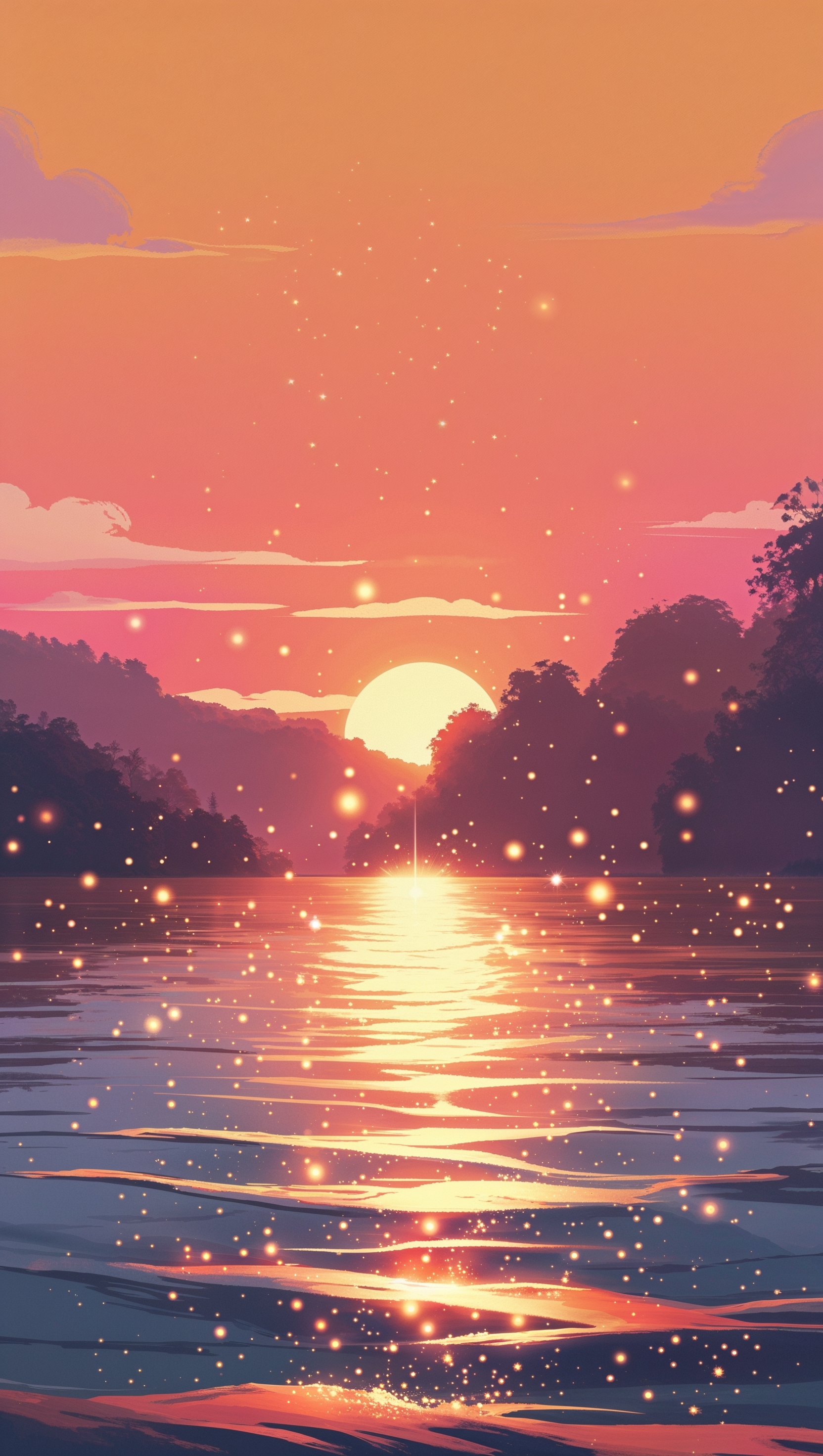 Sunset over a peaceful lake with sparkles – happiness iPhone wallpaper
