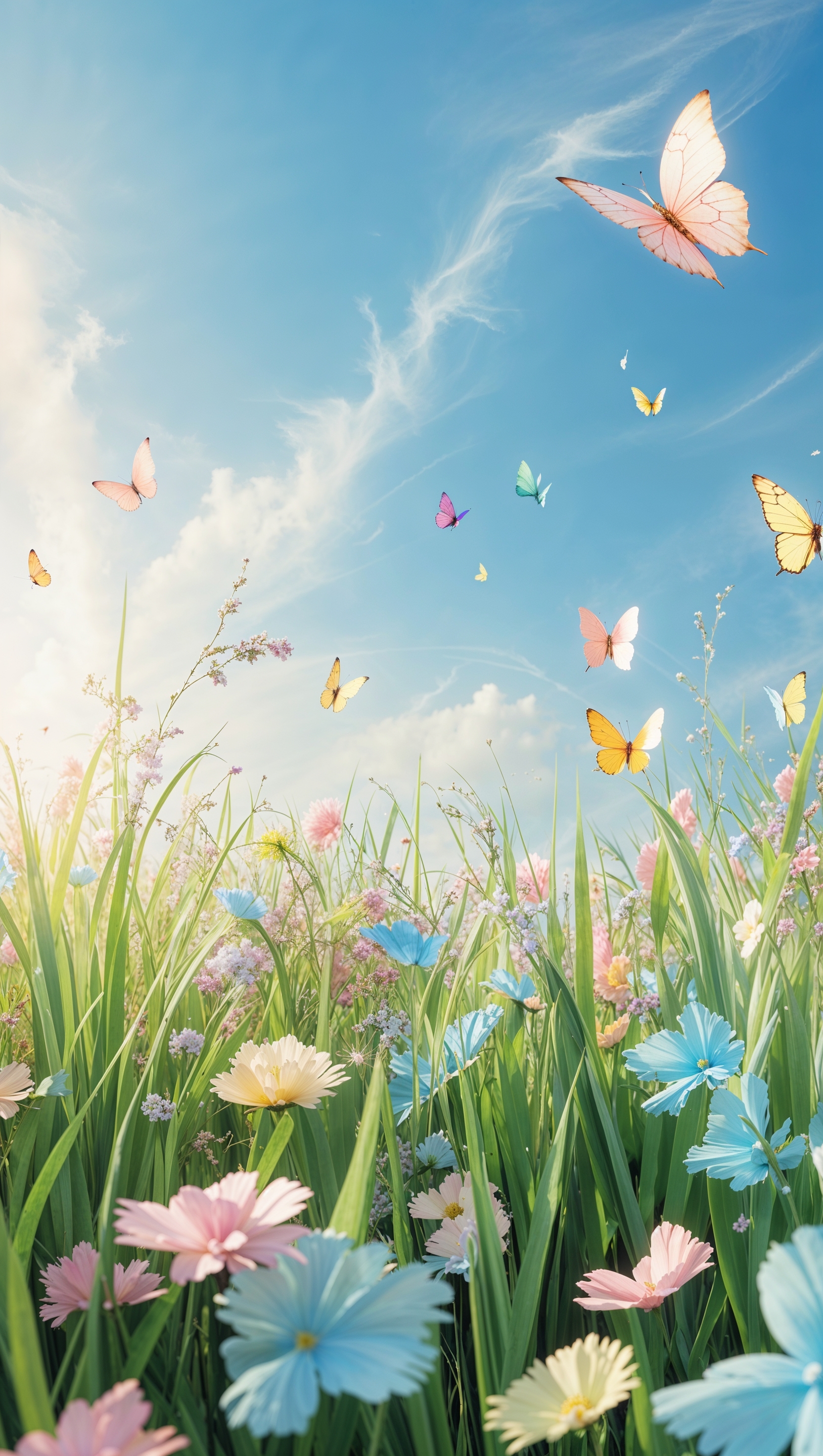 A sunny field with blooming flowers and butterflies, pastel colors – happiness iPhone wallpaper