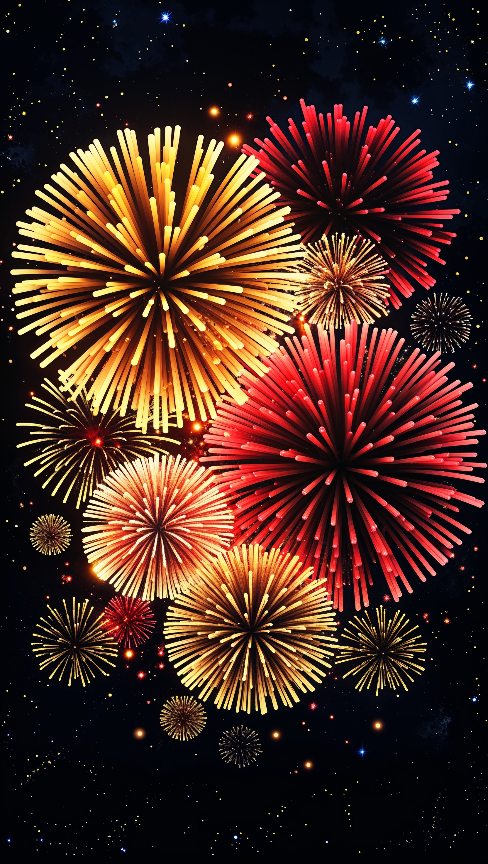 3D fireworks New Year wallpaper with yellow and red colors for iPhone