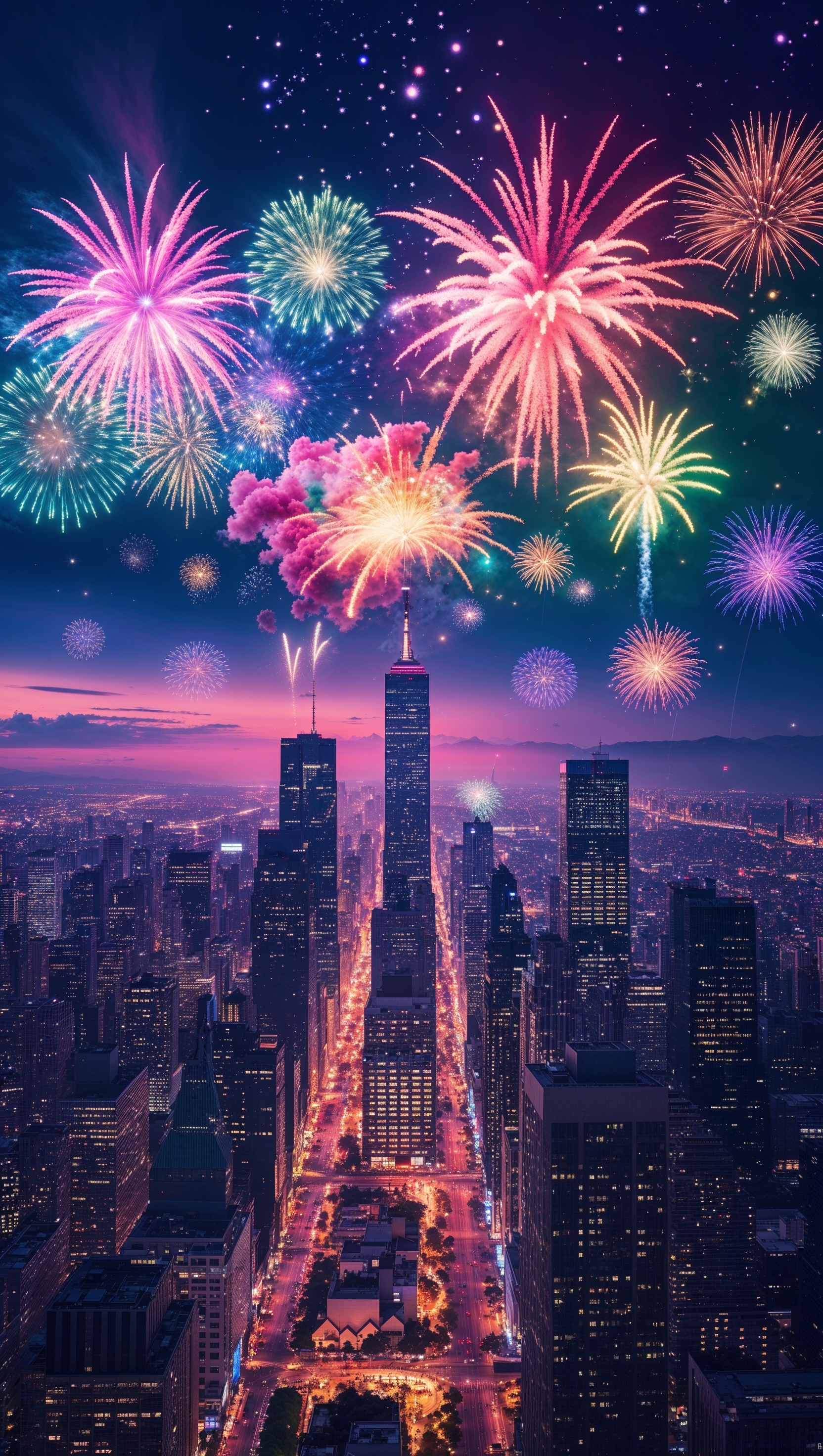 New Year wallpaper with night cityscape and fireworks for iPhone