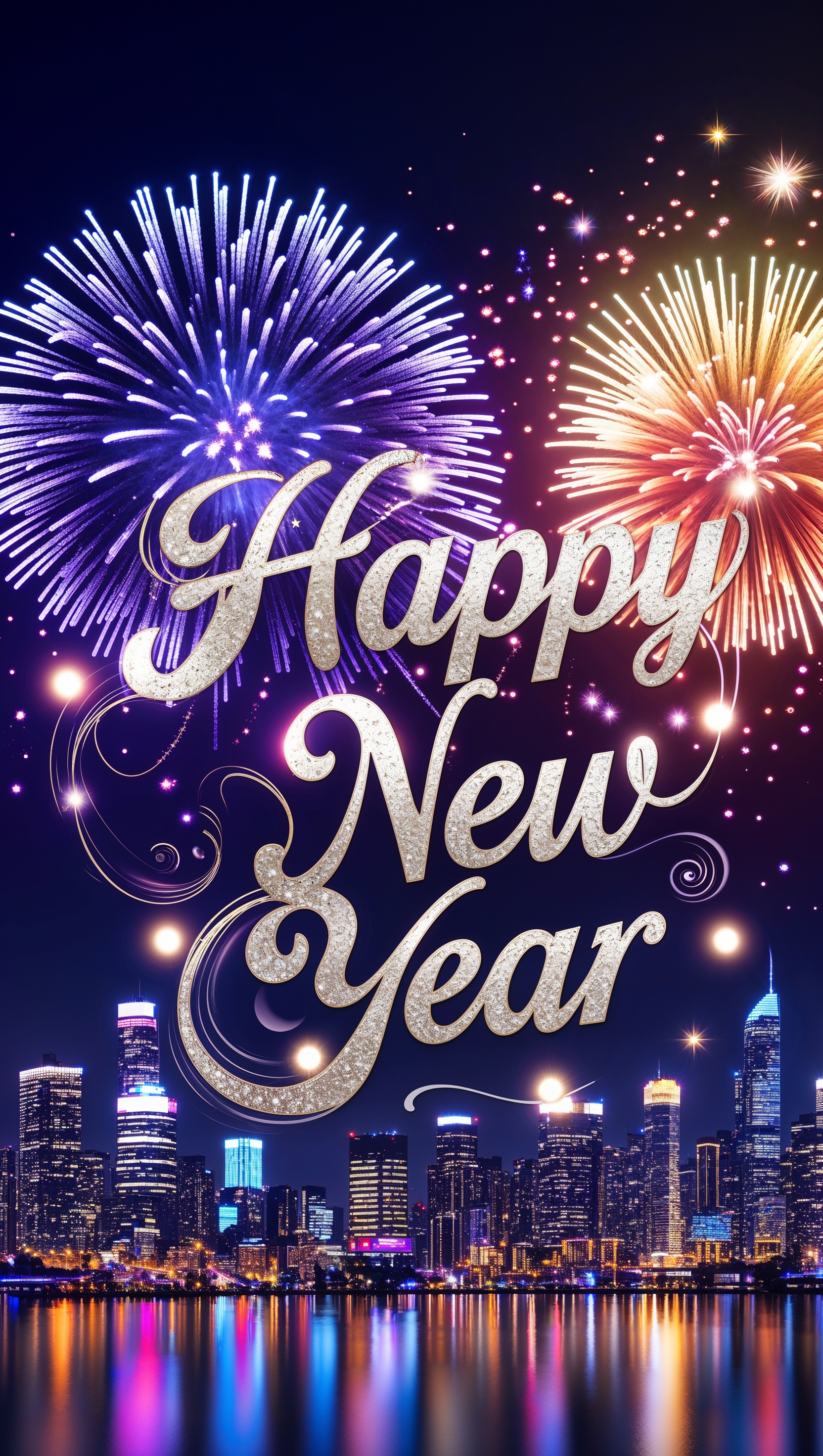 New Year wallpaper with fireworks and neon light effects for iPhone