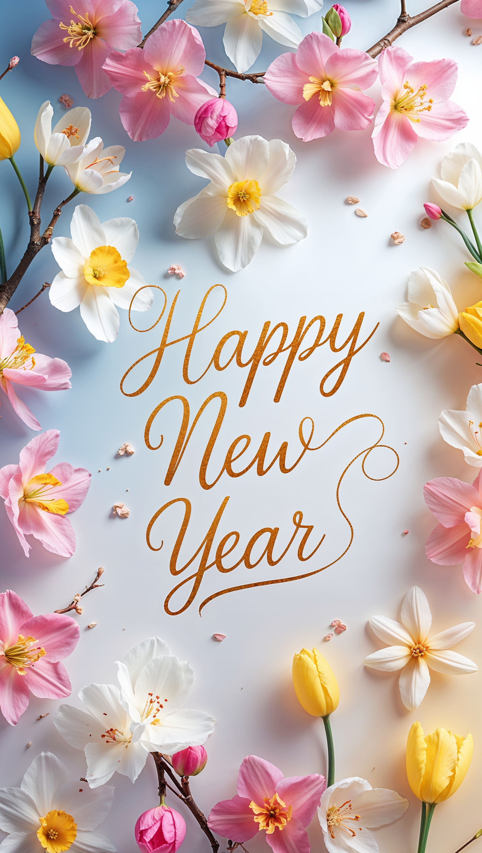 Handwritten text New Year wallpaper with spring flowers design for iPhone