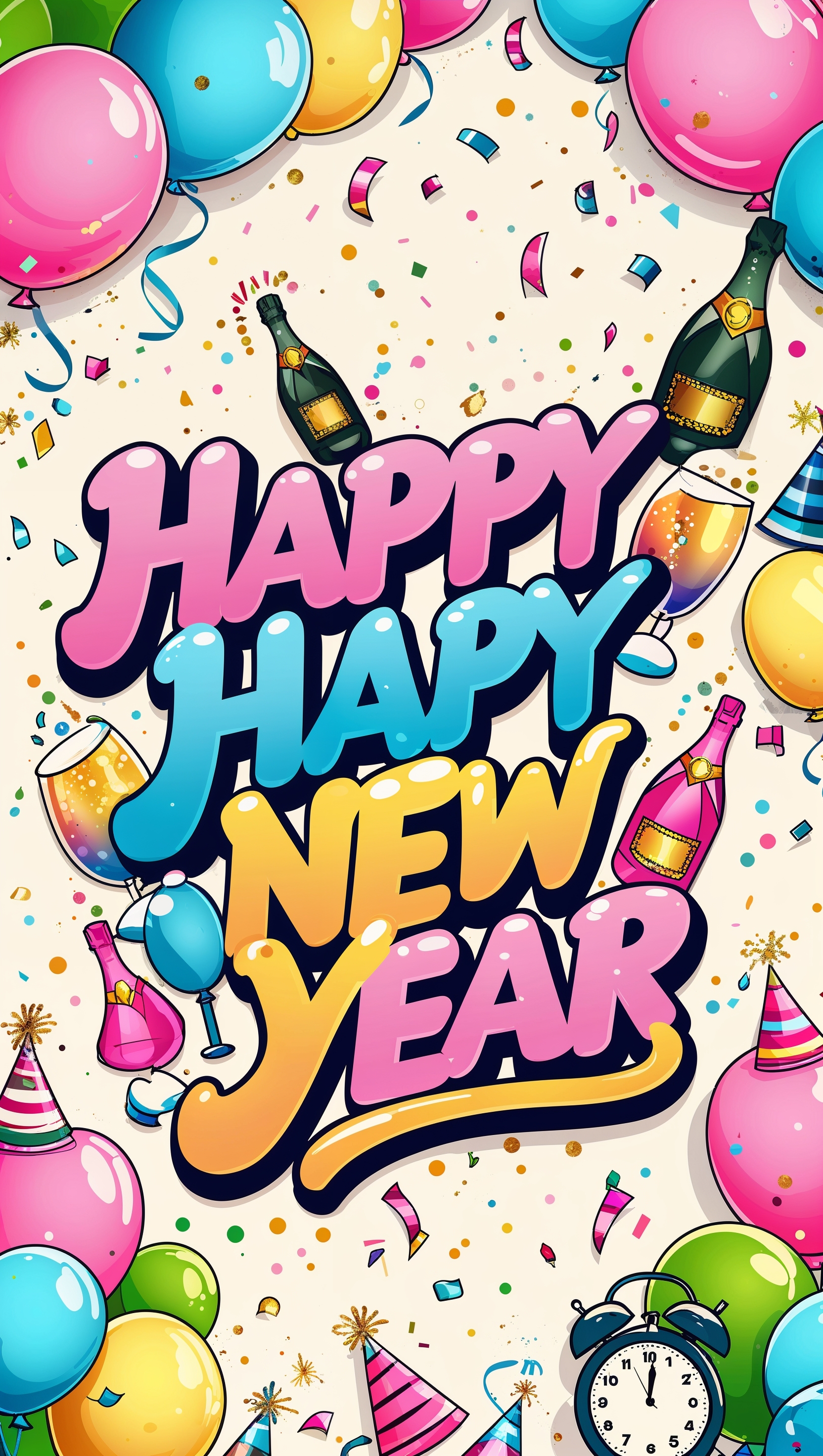 Colorful and playful New Year wallpaper with cartoon style for iPhone