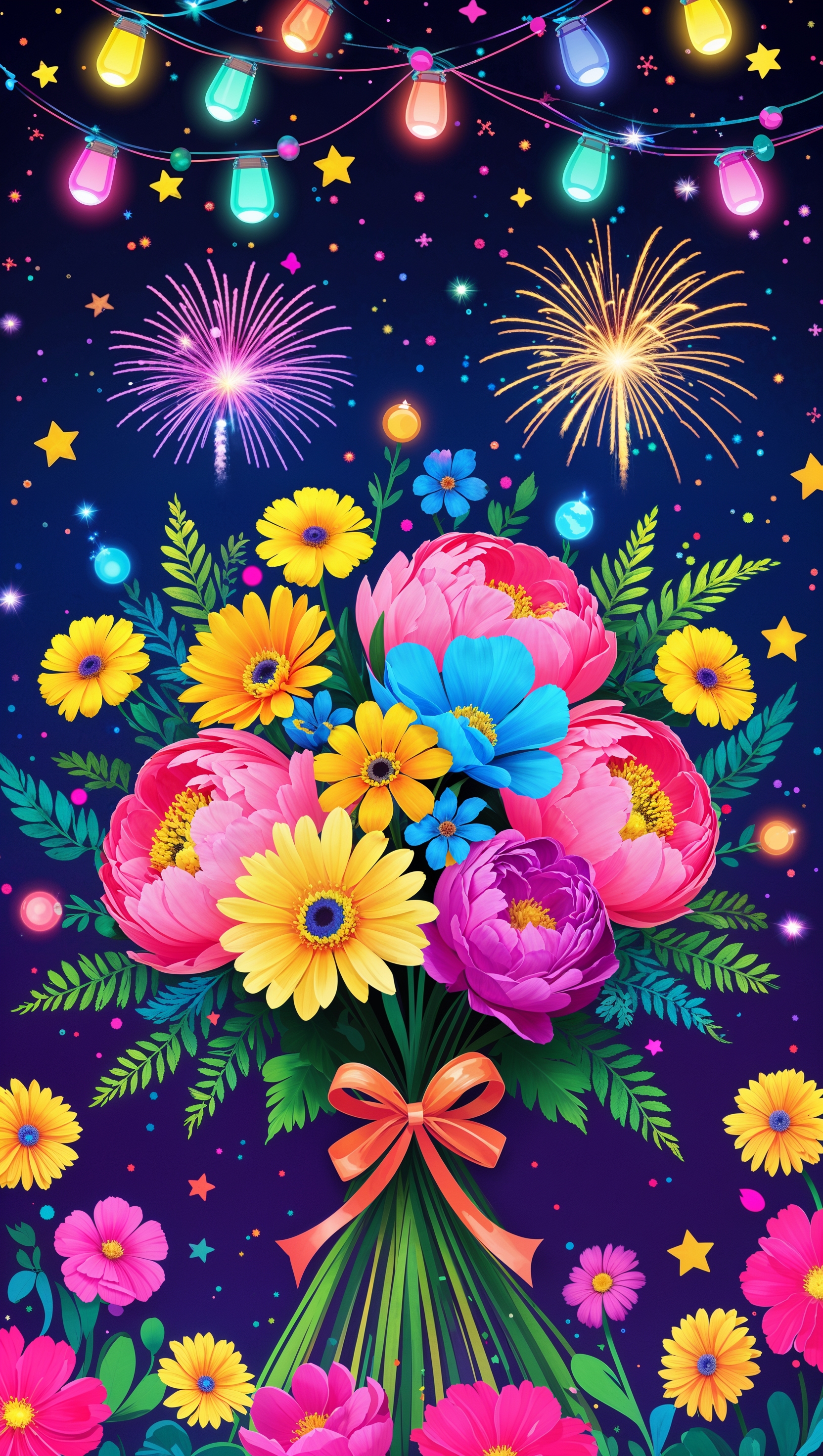 New Year wallpaper with flowers and colorful lights for iPhone