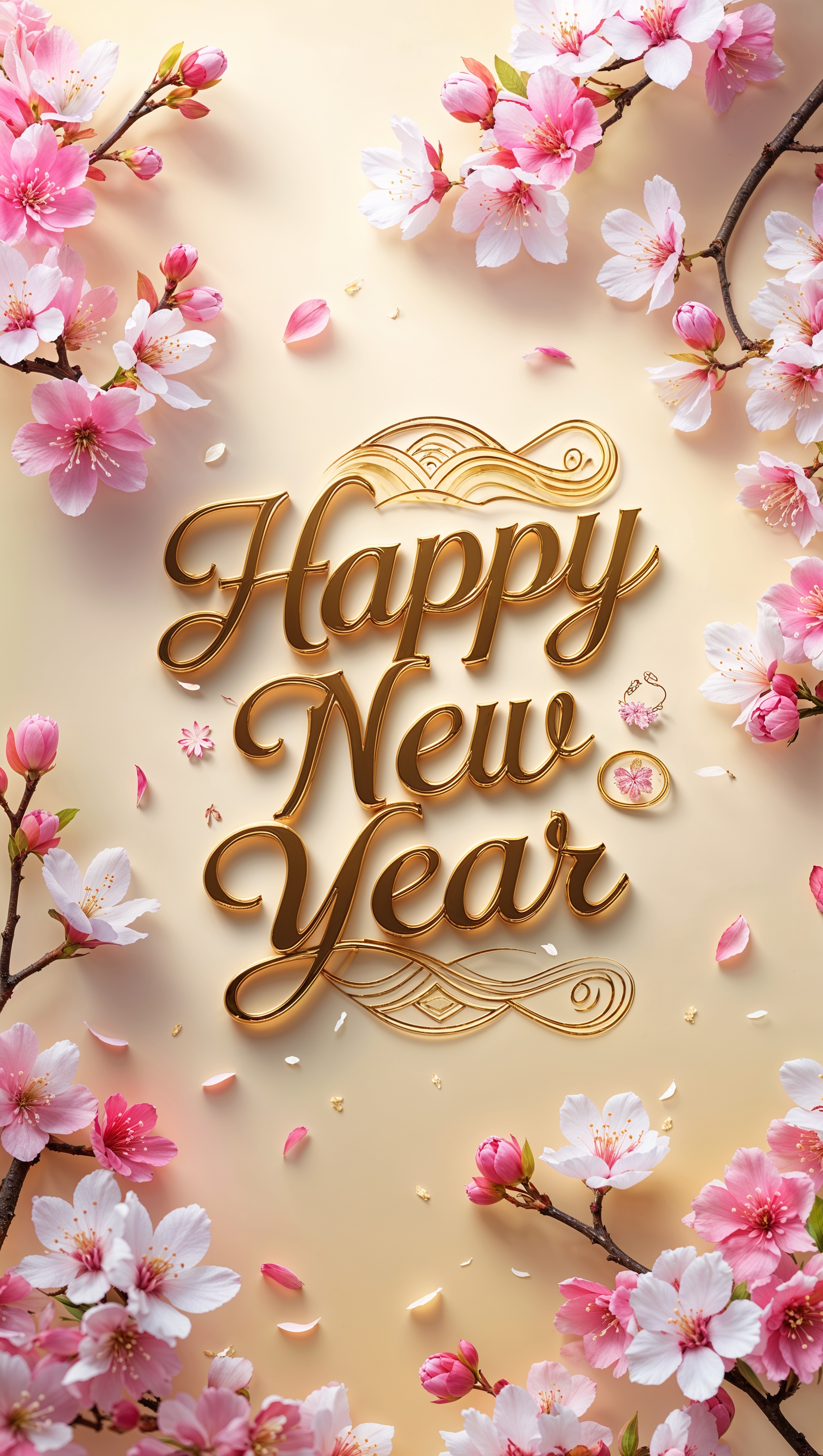 New Year wallpaper with spring blossoms and congratulatory text for iPhone