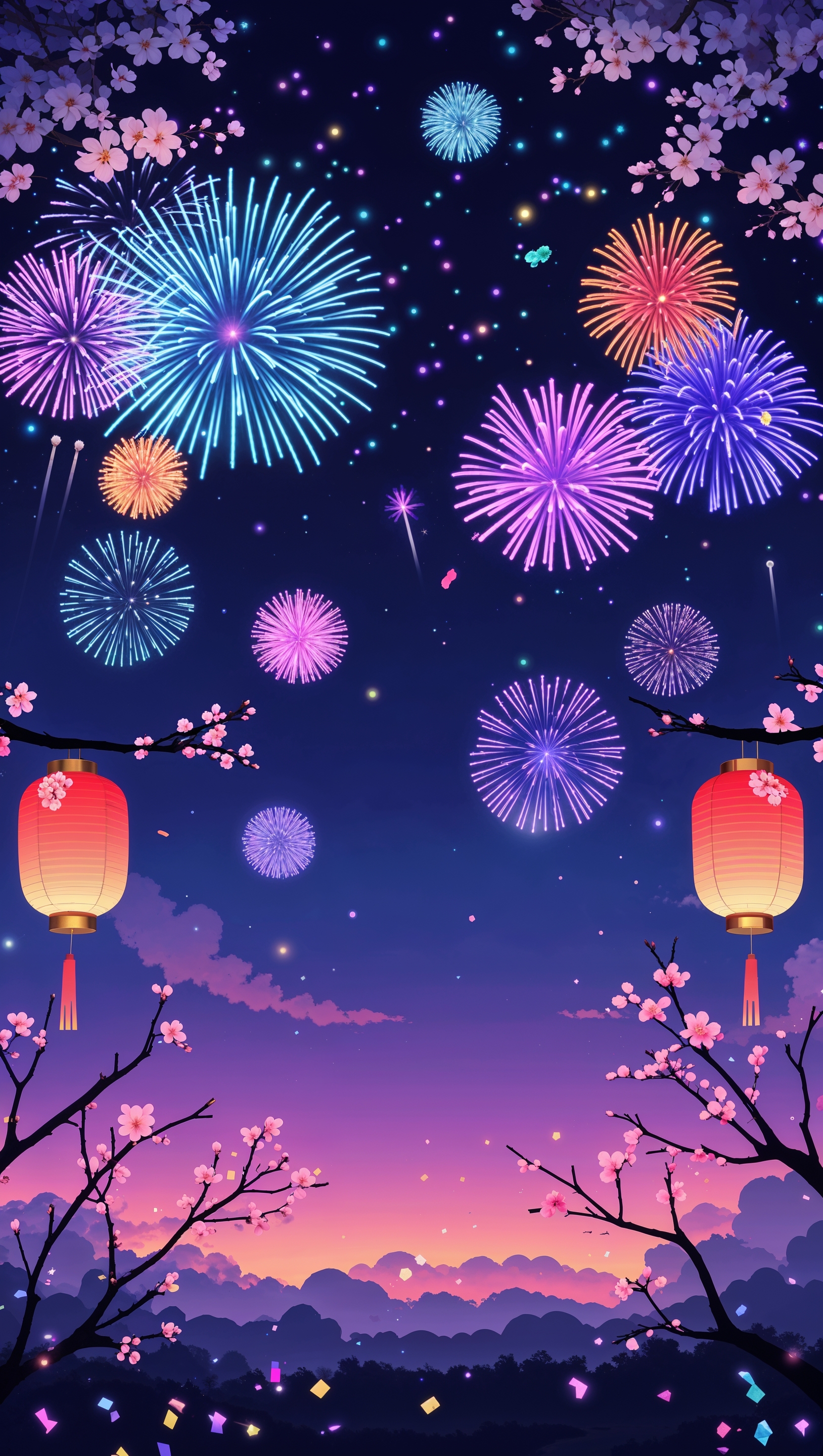 Anime style New Year wallpaper with fireworks for iPhone