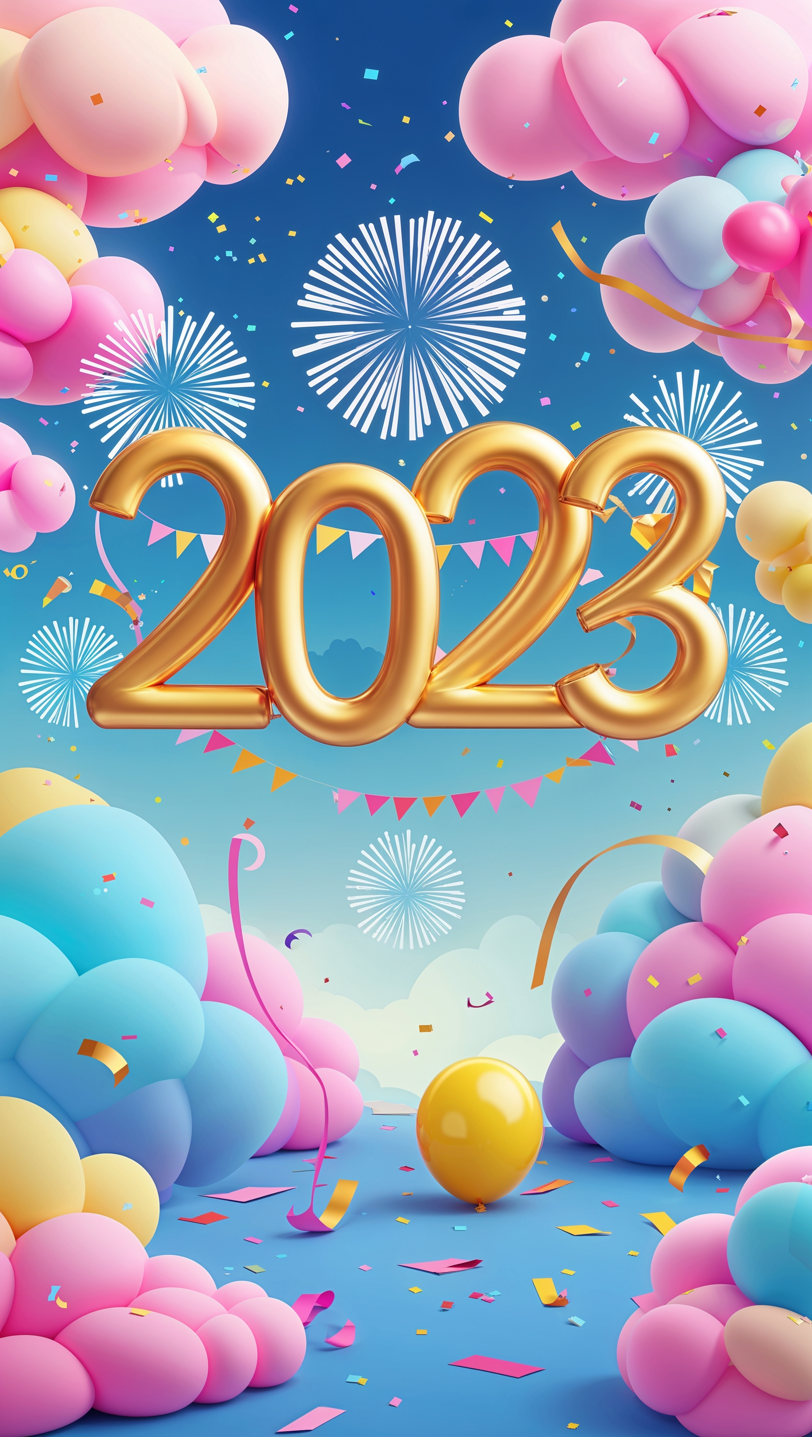 Cartoon style New Year wallpaper with colorful clouds for iPhone