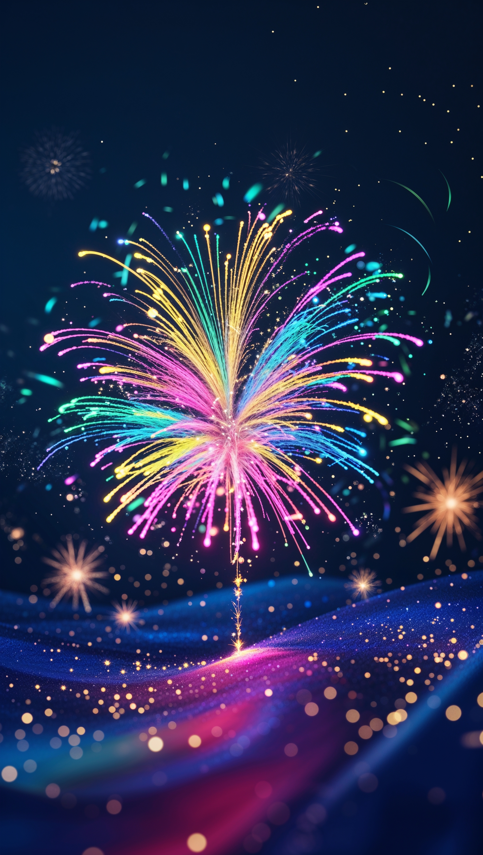 New Year wallpaper with colorful light dances on dark background for iPhone