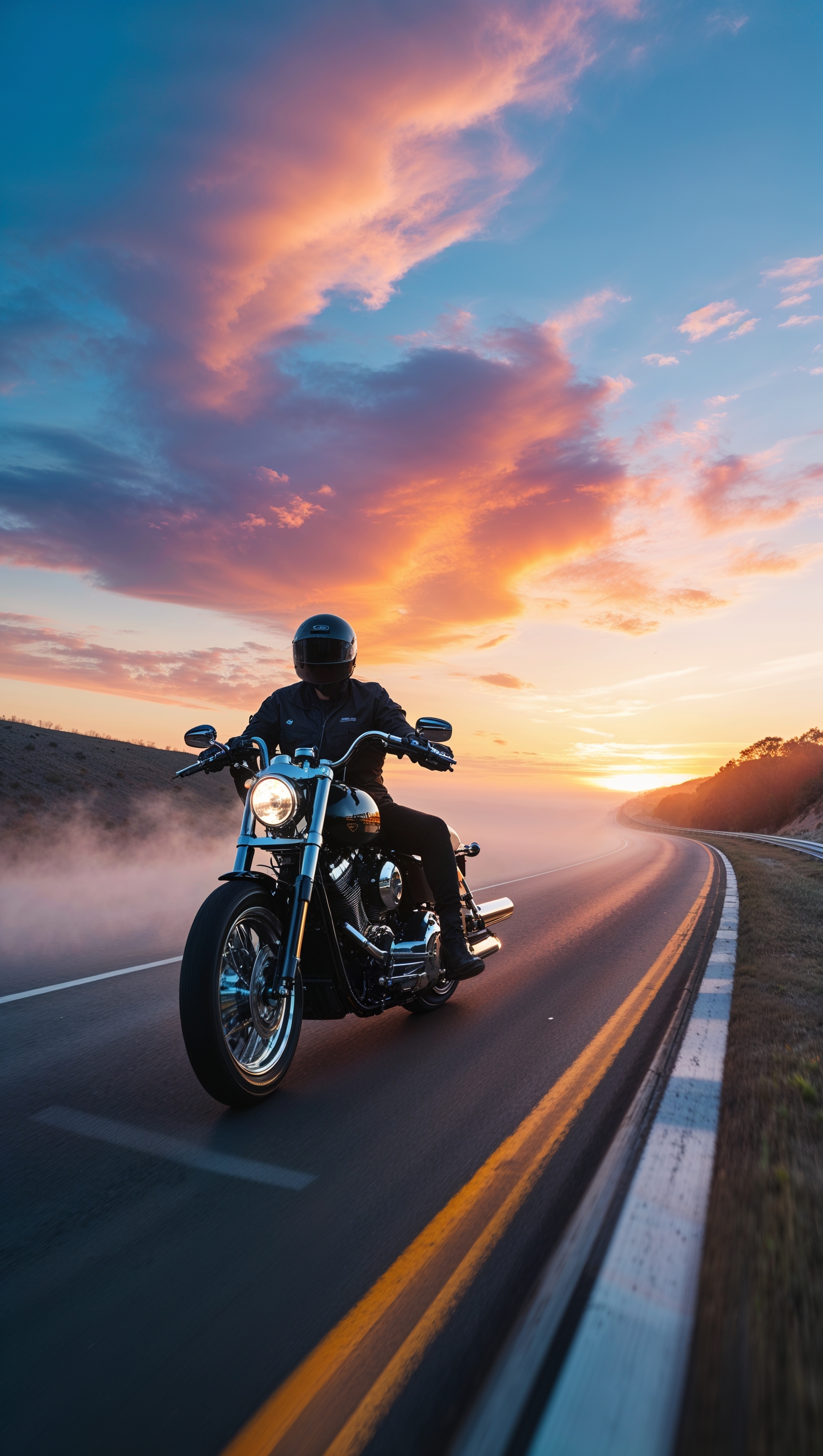 Harley Davidson at sunrise on highway