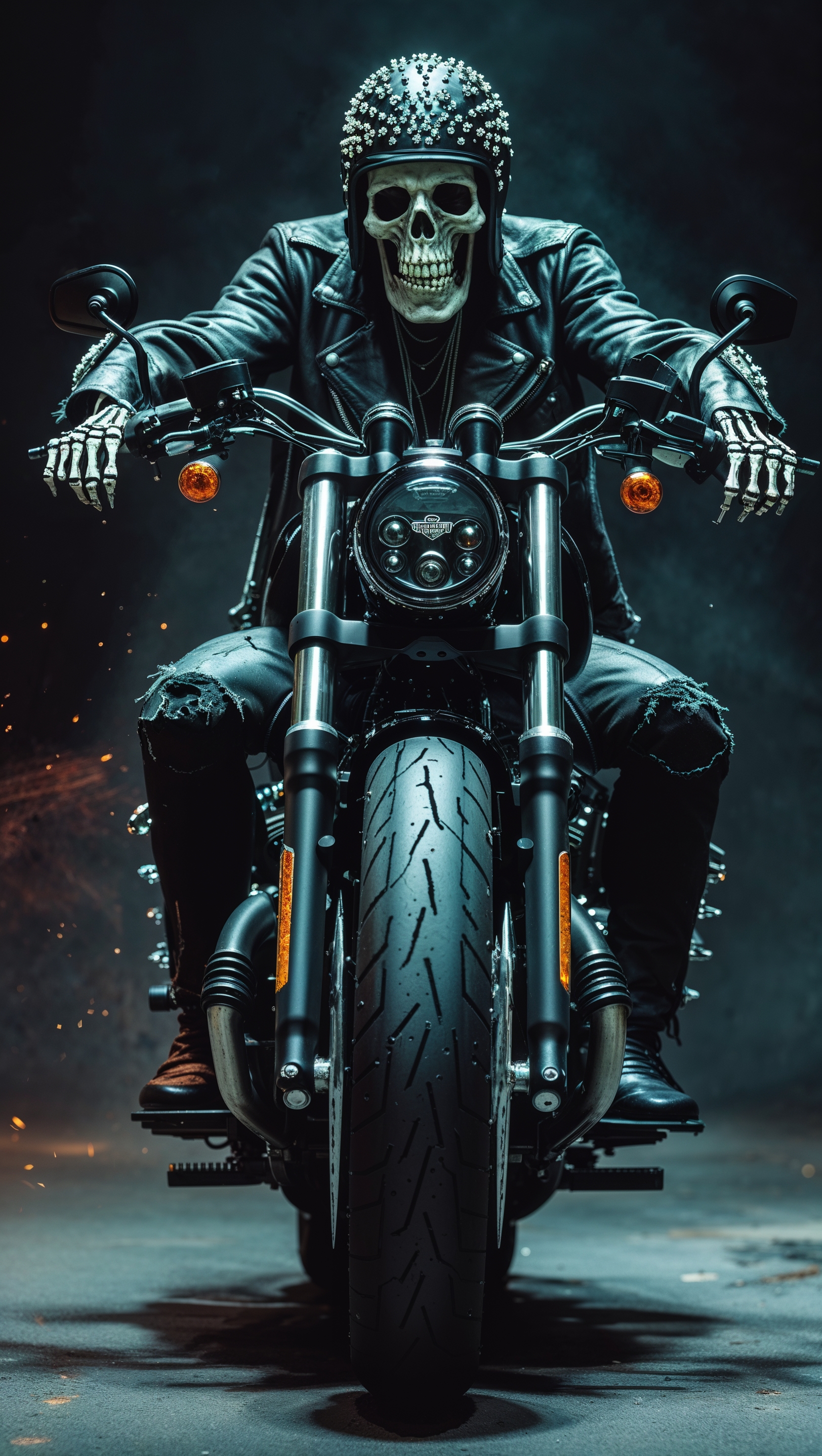 Harley bike with skeleton rider in dark style