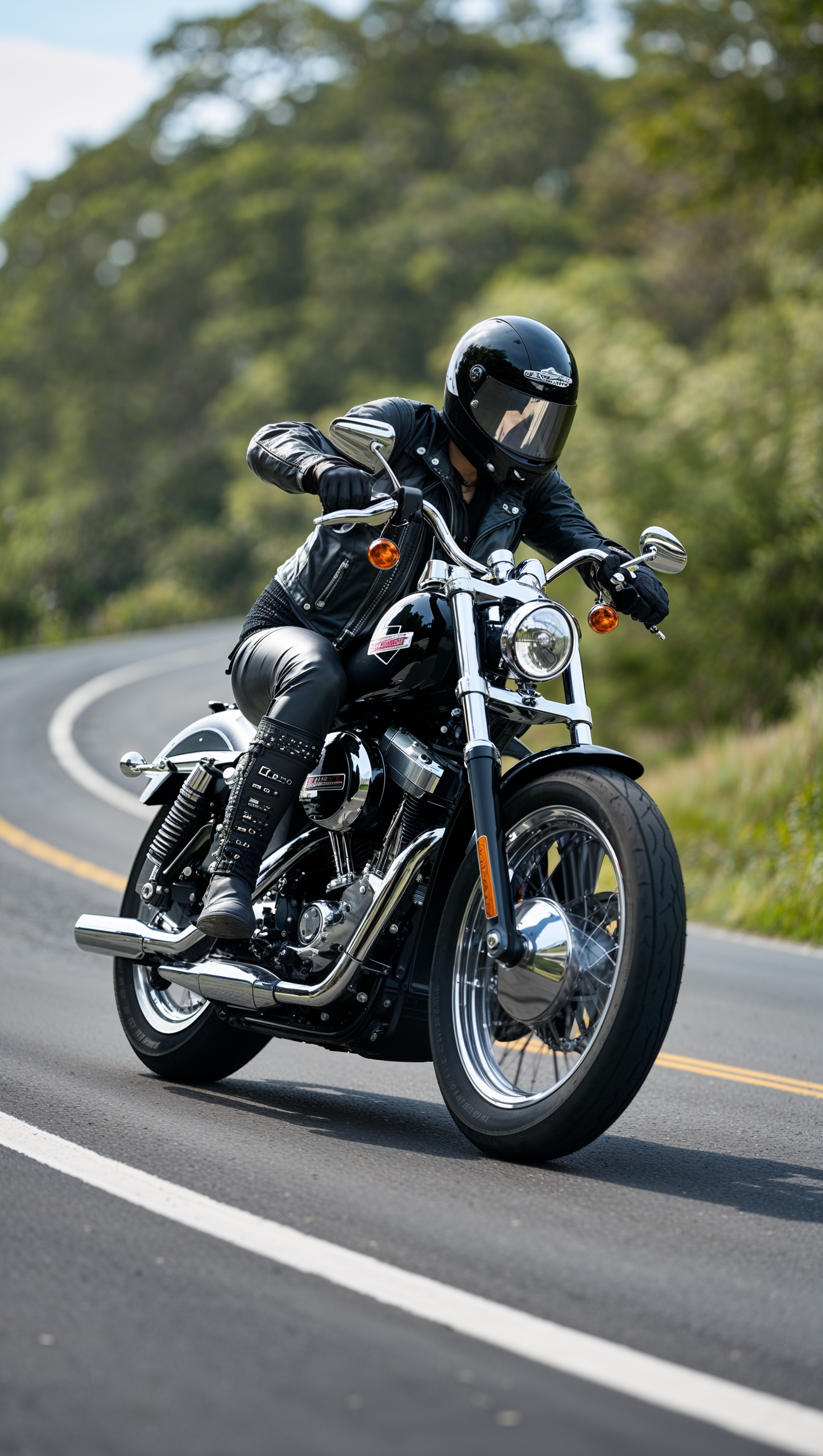 Harley bike with rider in black leather outfit