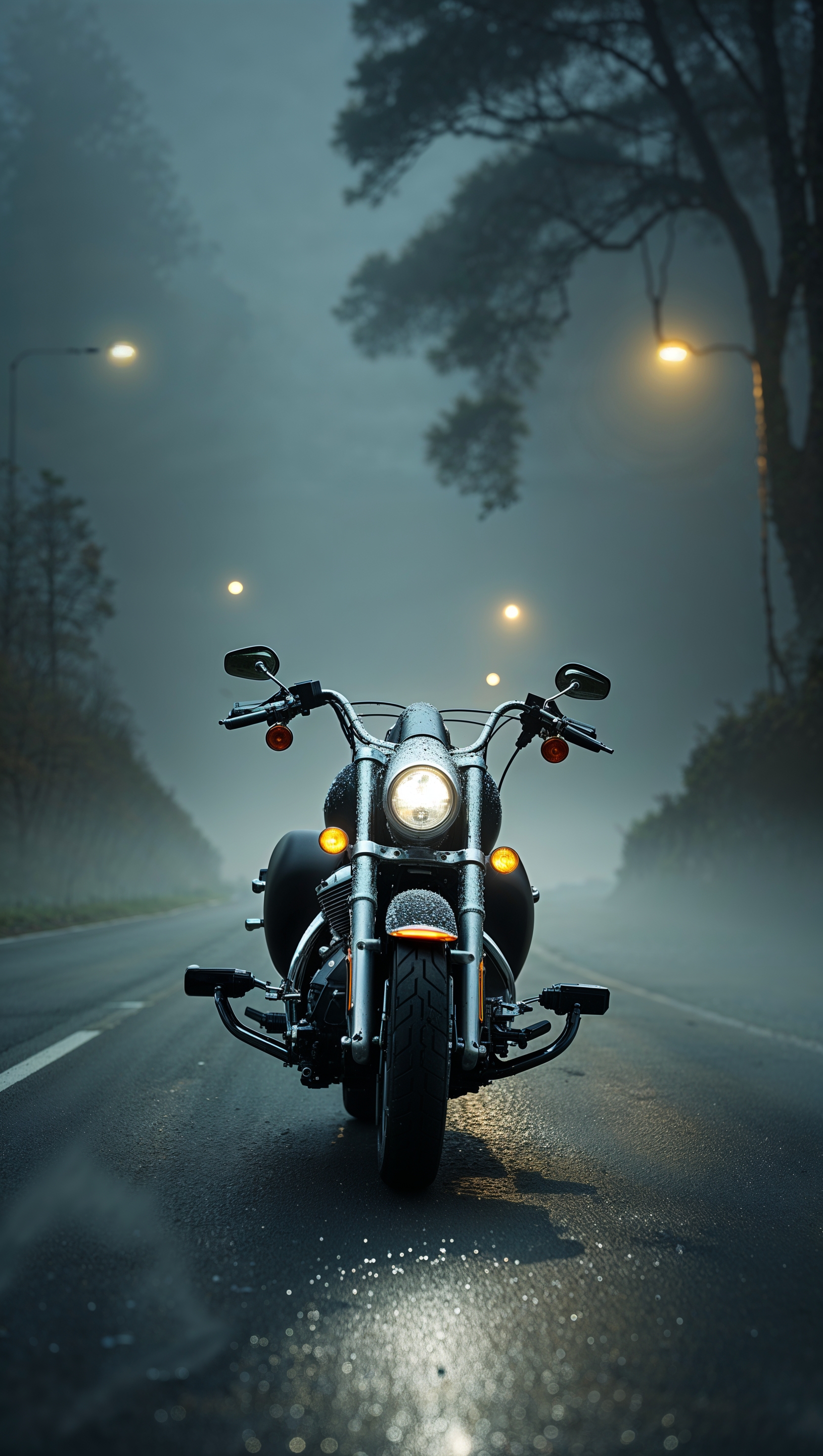 Harley Davidson on a foggy road