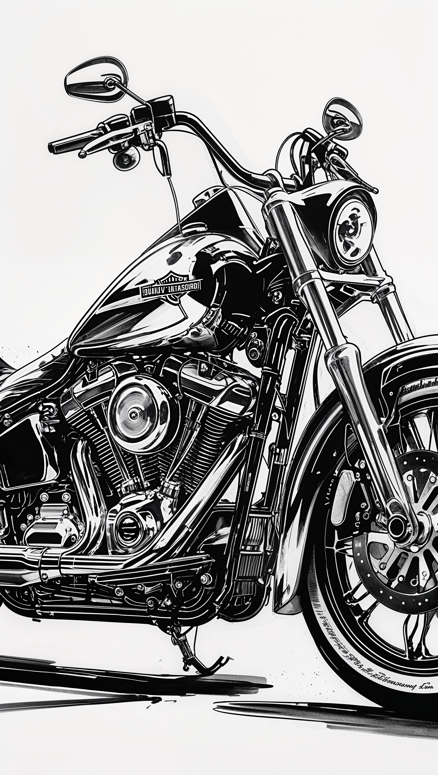 Black and white artistic sketch of Harley bike