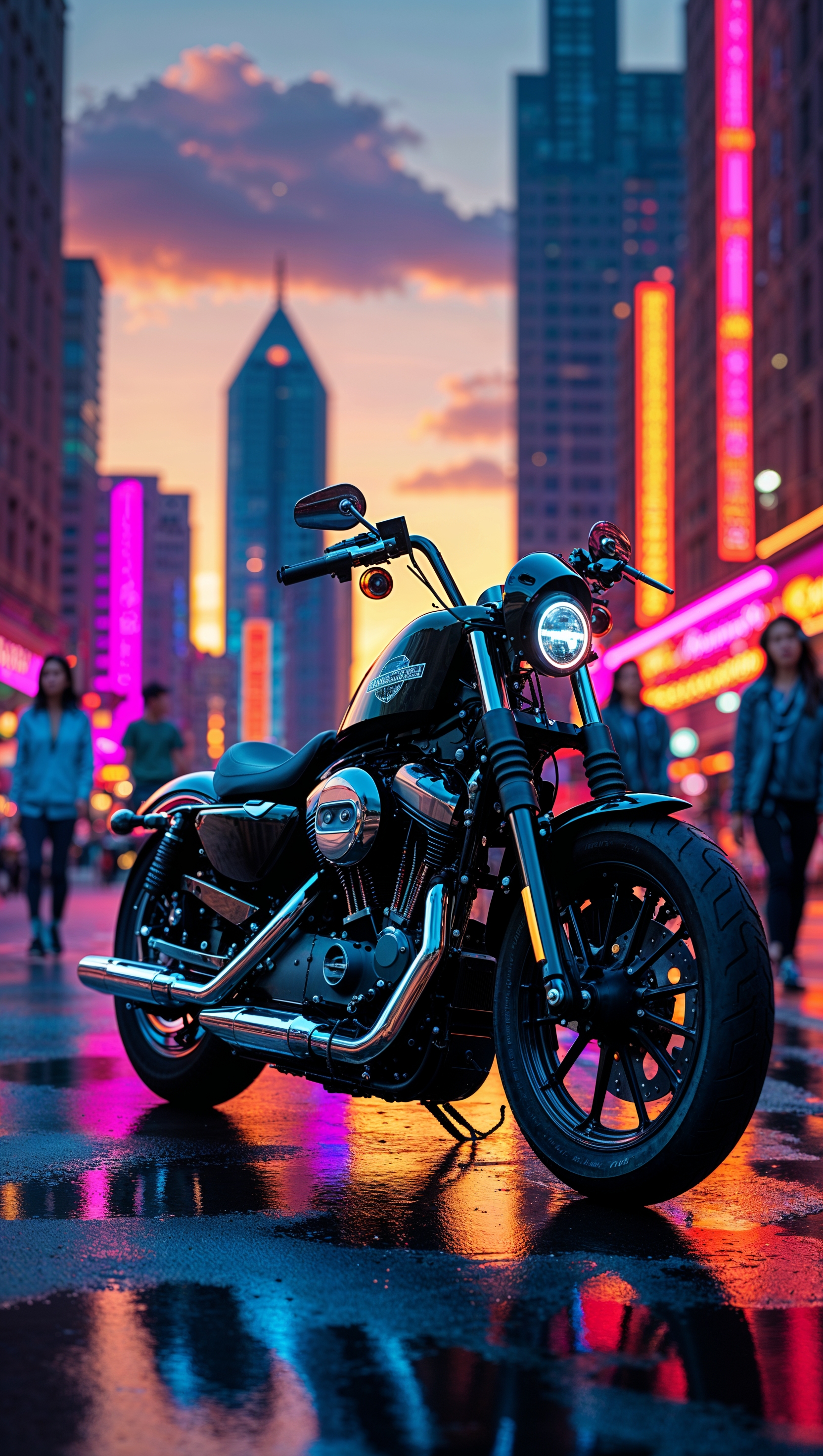 Harley Davidson at urban sunset with neon lights