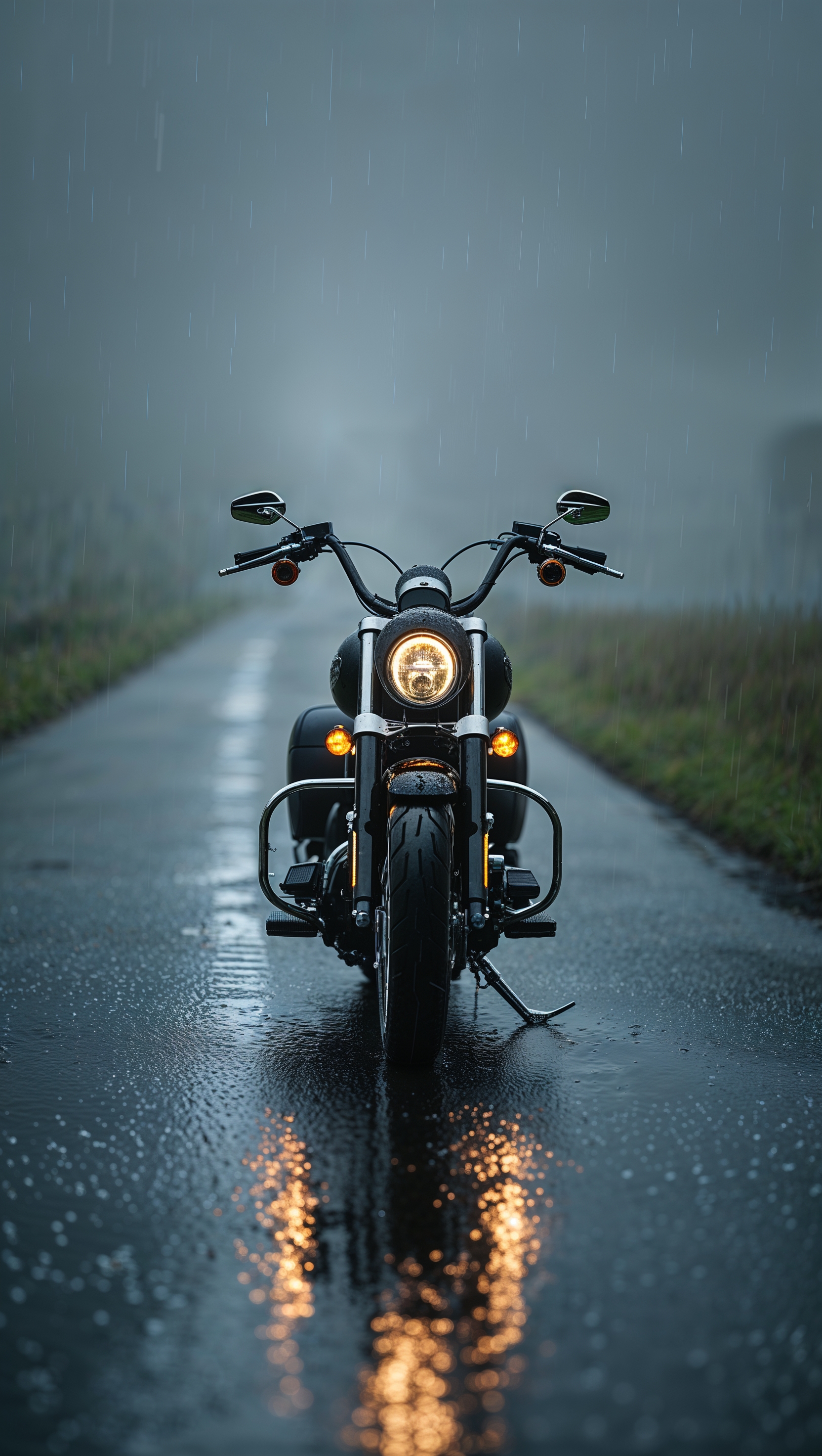 Harley bike on wet road under rain