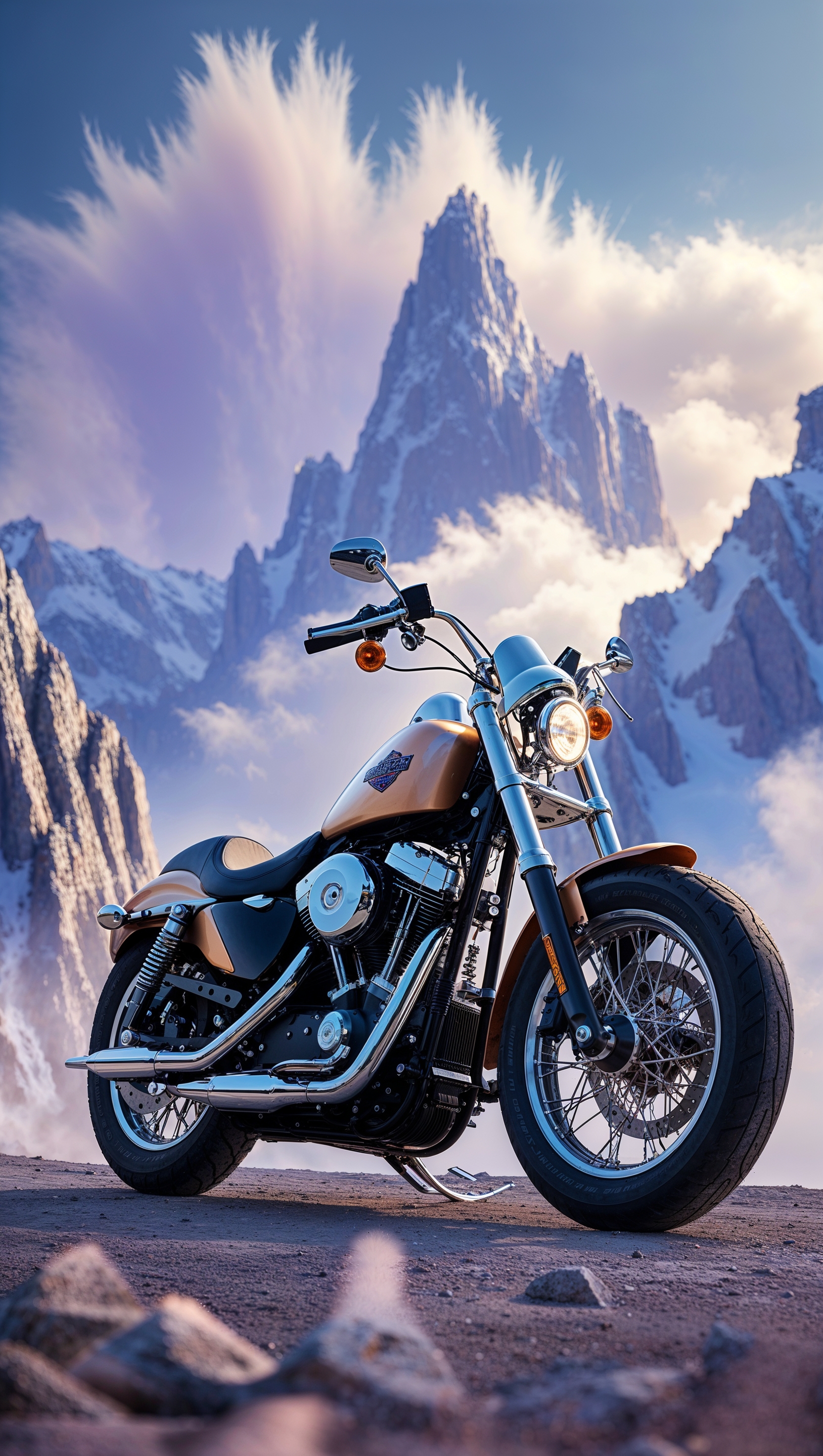 Harley Davidson in a fantasy landscape with mountains and clouds