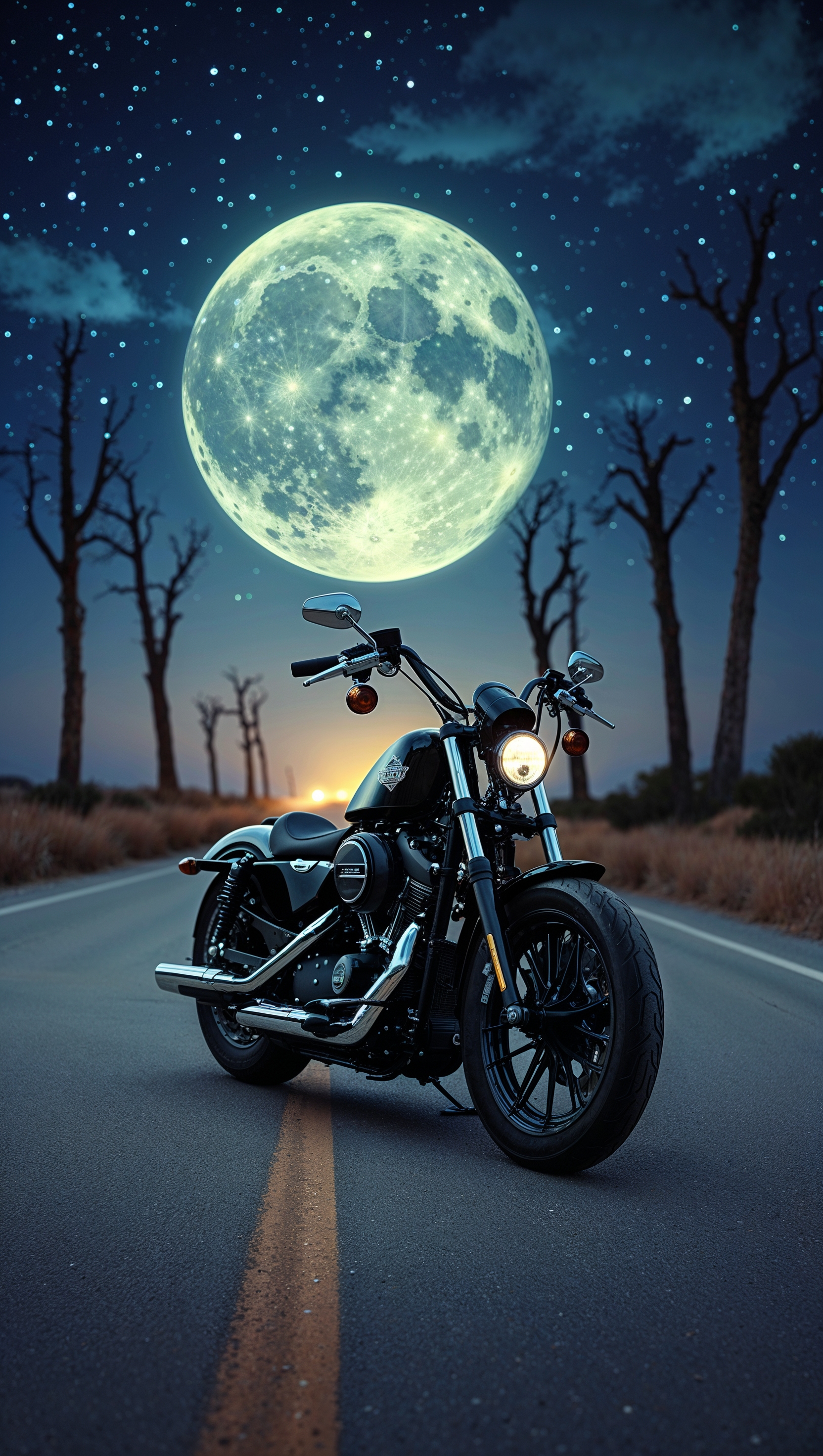 Harley Davidson at night under a starry sky