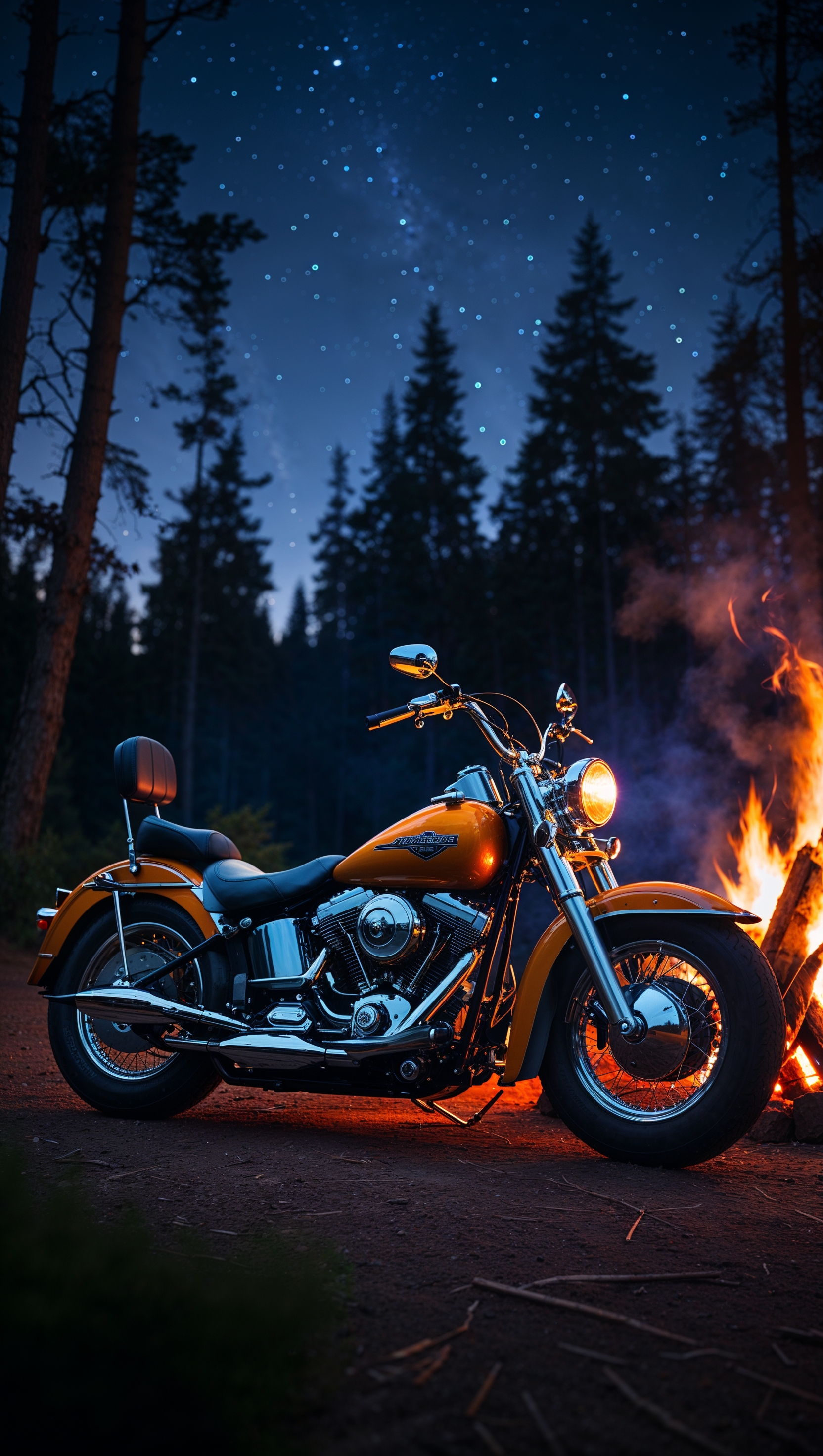 Harley bike next to a campfire at night