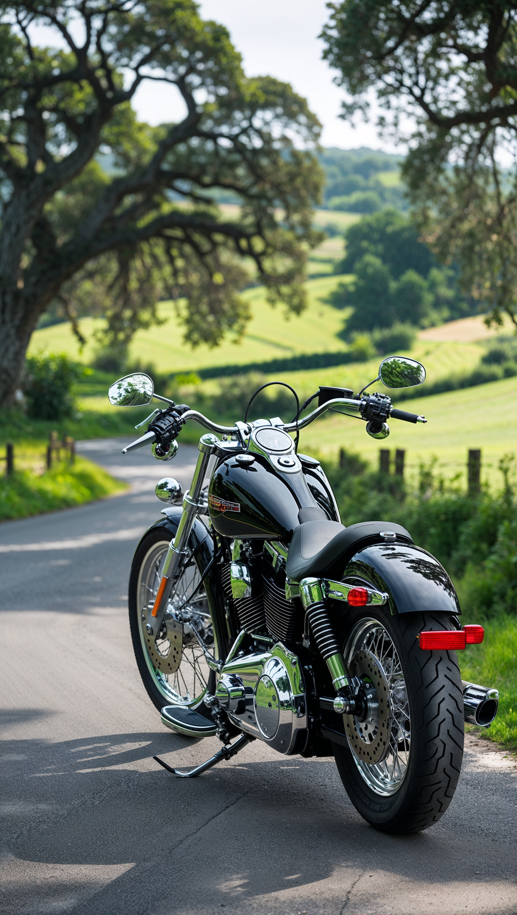 Harley Davidson on a peaceful countryside road